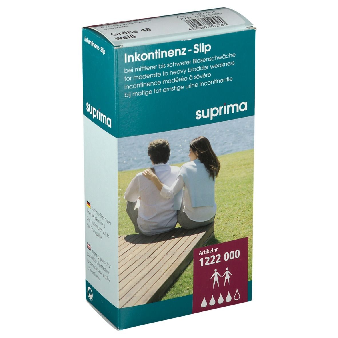 Boîte Suprima Inkontinenz-Slip, taille 48, blanc. Inscription : Incontinence pour faiblesse modérée à sévère de la vessie. Numéro d'article 1222 000.
