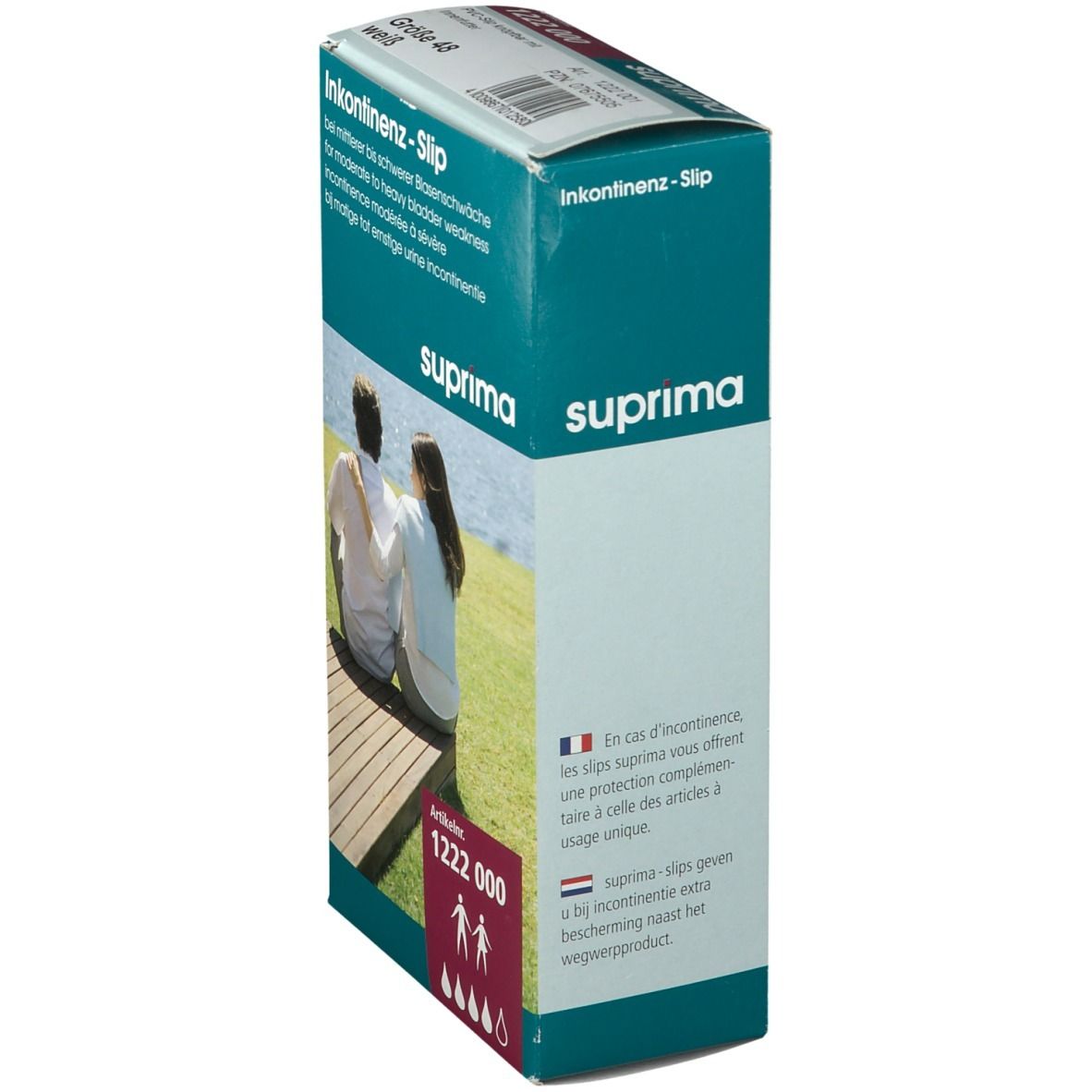 Boîte Suprima Inkontinenz-Slip. Inscription : Incontinence pour faiblesse modérée à sévère de la vessie. Numéro d'article 1222 000. Texte en allemand, français et néerlandais.