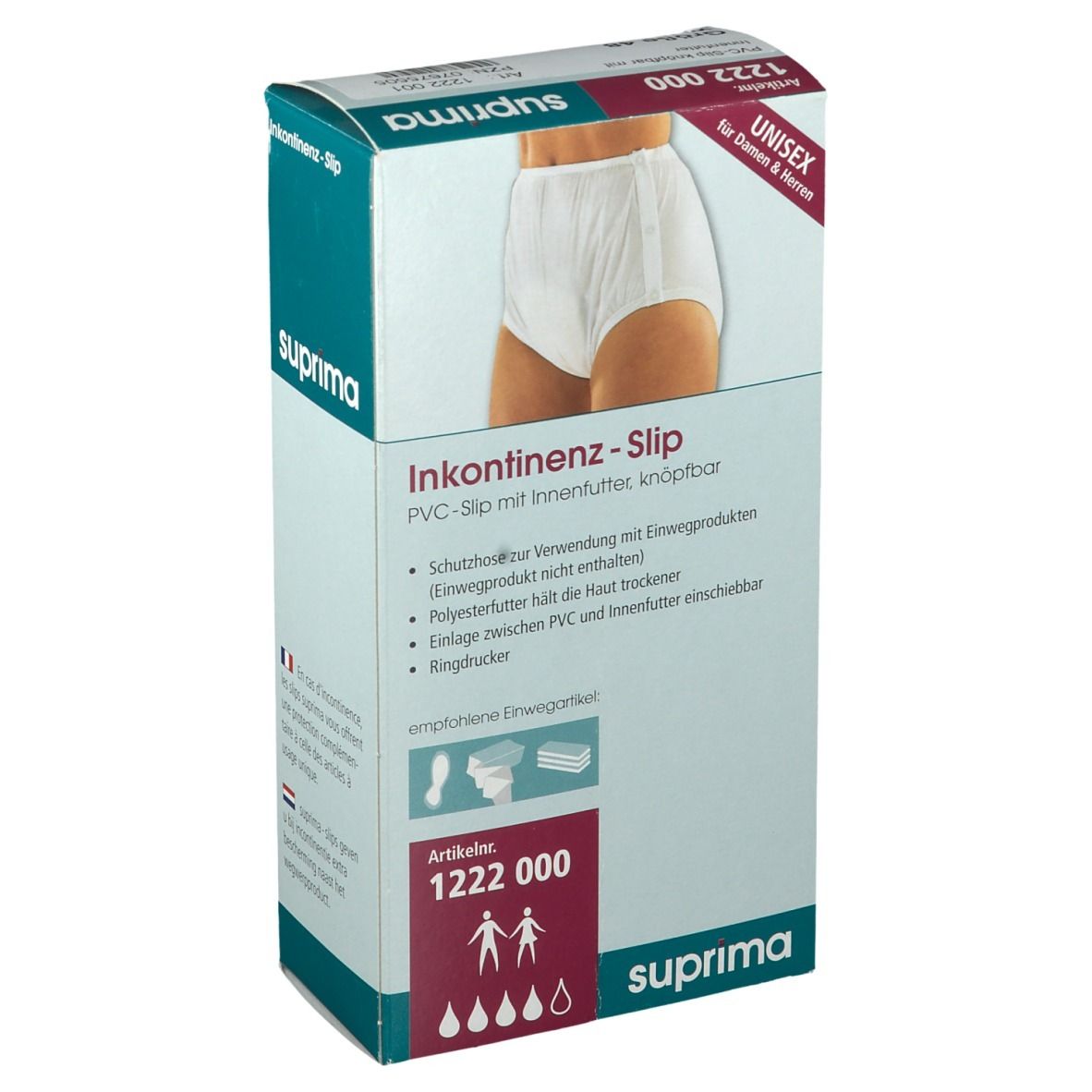 Boîte Suprima Inkontinenz-Slip, unisexe. Inscription : Slip PVC avec doublure intérieure, boutonné. Numéro d'article 1222 000. Pictogrammes pour articles jetables.