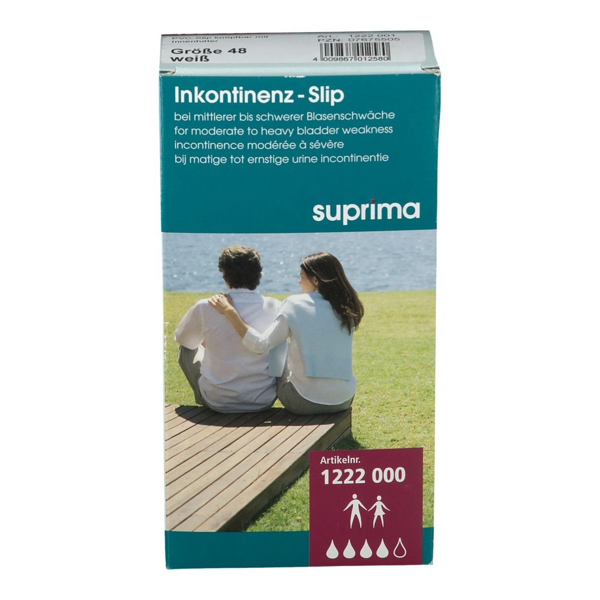 Boîte Suprima Inkontinenz-Slip, taille 48, blanc. Inscription : Incontinence pour faiblesse modérée à sévère de la vessie. Numéro d'article 1222 000.