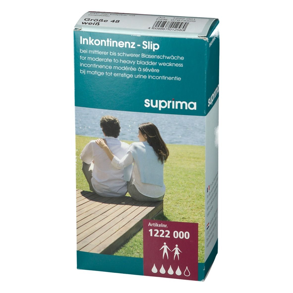 Boîte Suprima Inkontinenz-Slip, taille 48, blanc. Inscription : Incontinence pour faiblesse modérée à sévère de la vessie. Numéro d'article 1222 000.