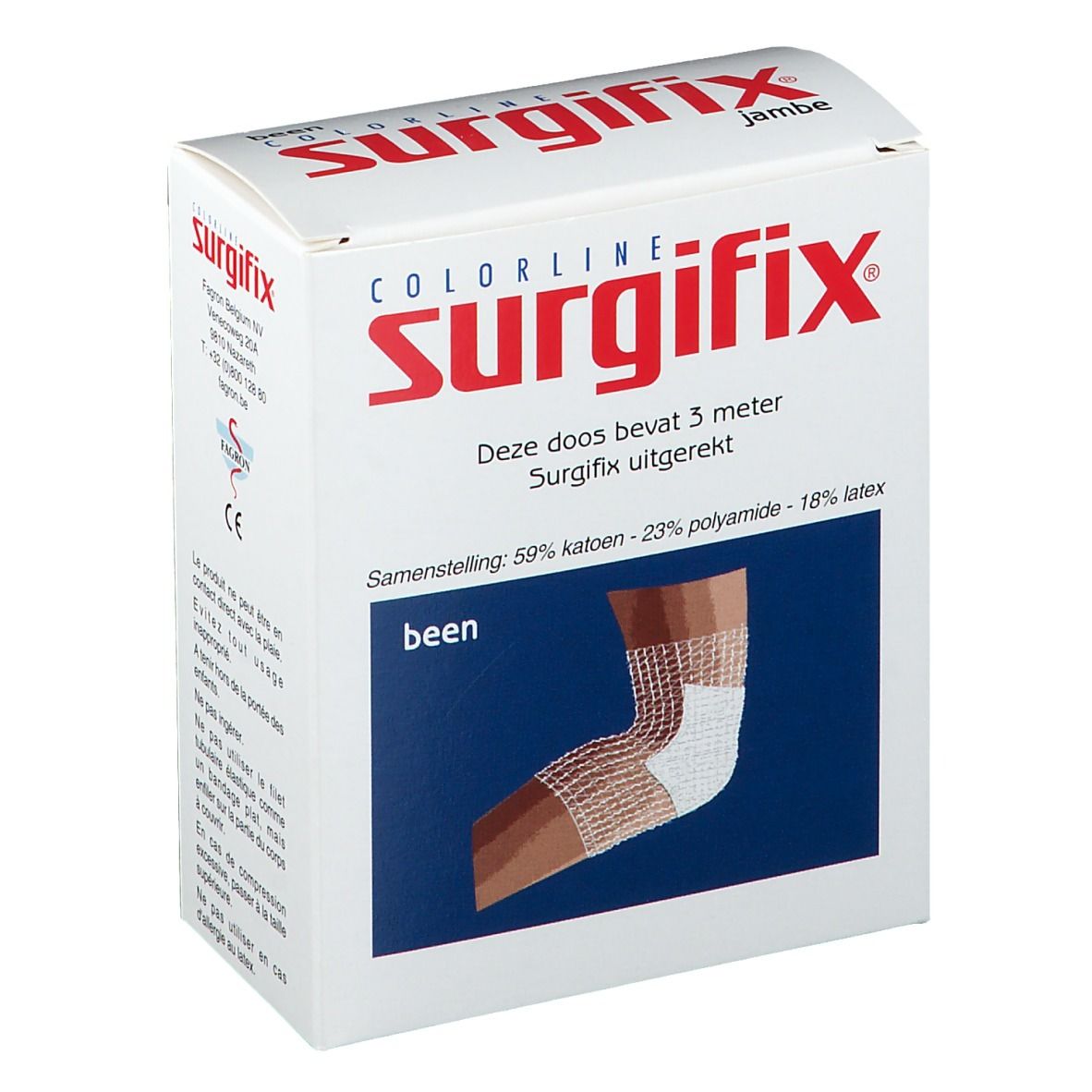 Boîte de Surgifix Bein. Contient 3 mètres. Composition: 59% coton, 23% polyamide, 18% latex. Illustration d'une jambe avec bandage.