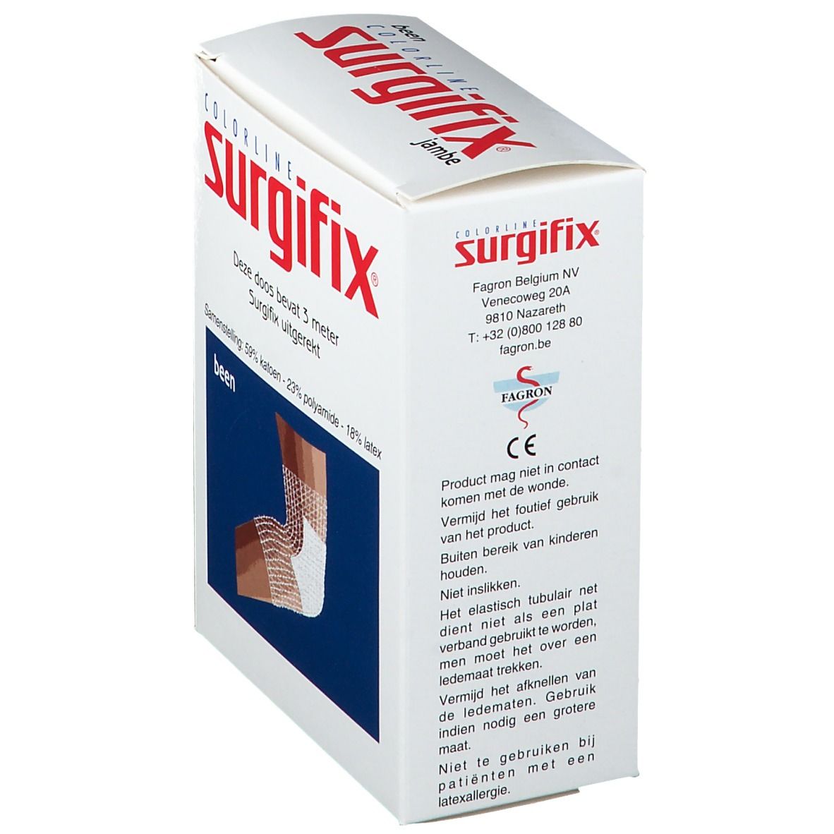 Vue latérale de la boîte Surgifix Bein. Contient 3 mètres. Composition: 59% coton, 23% polyamide, 18% latex. Marquage CE.