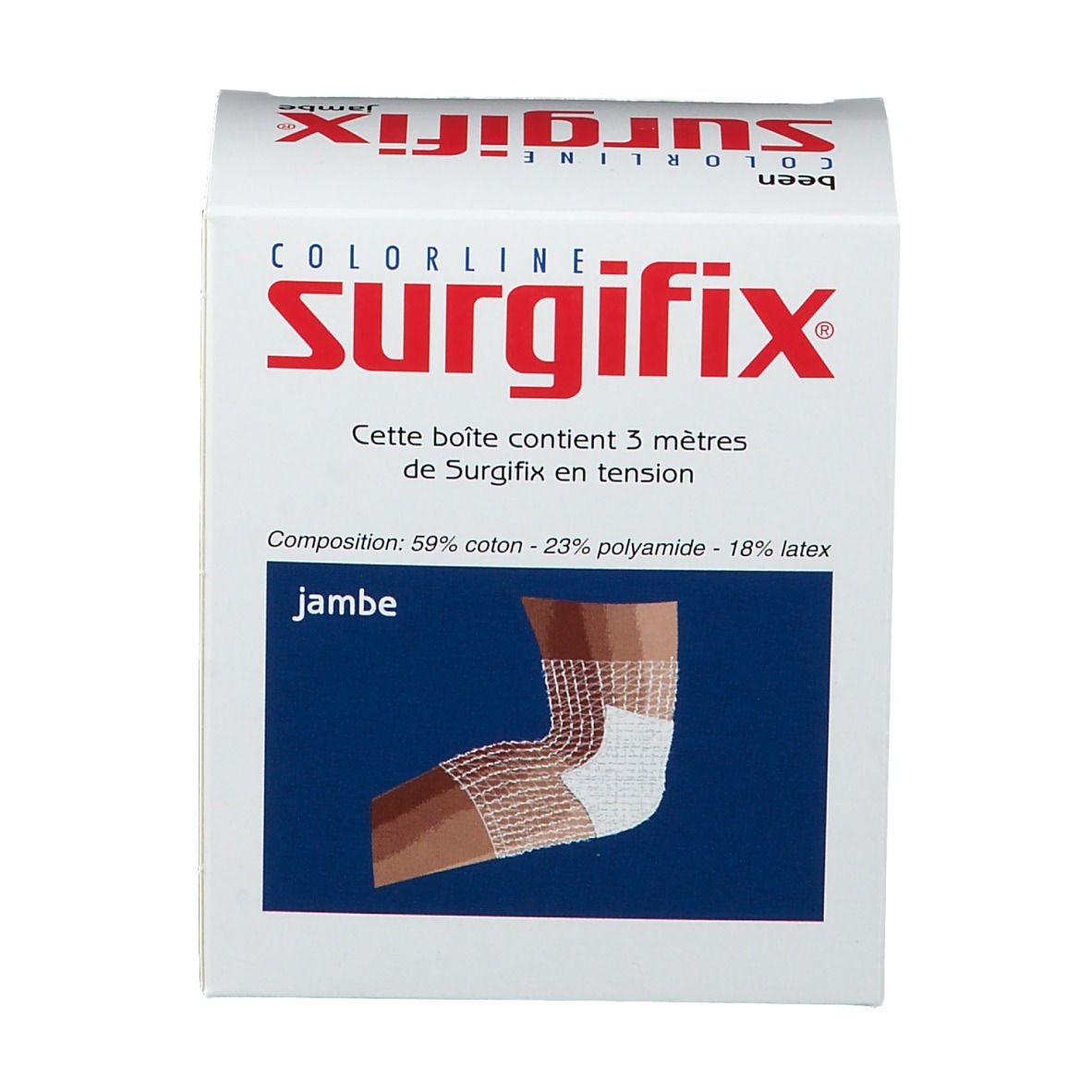 Boîte de Surgifix Bein. Contient 3 mètres. Composition: 59% coton, 23% polyamide, 18% latex. Illustration d'une jambe avec bandage.