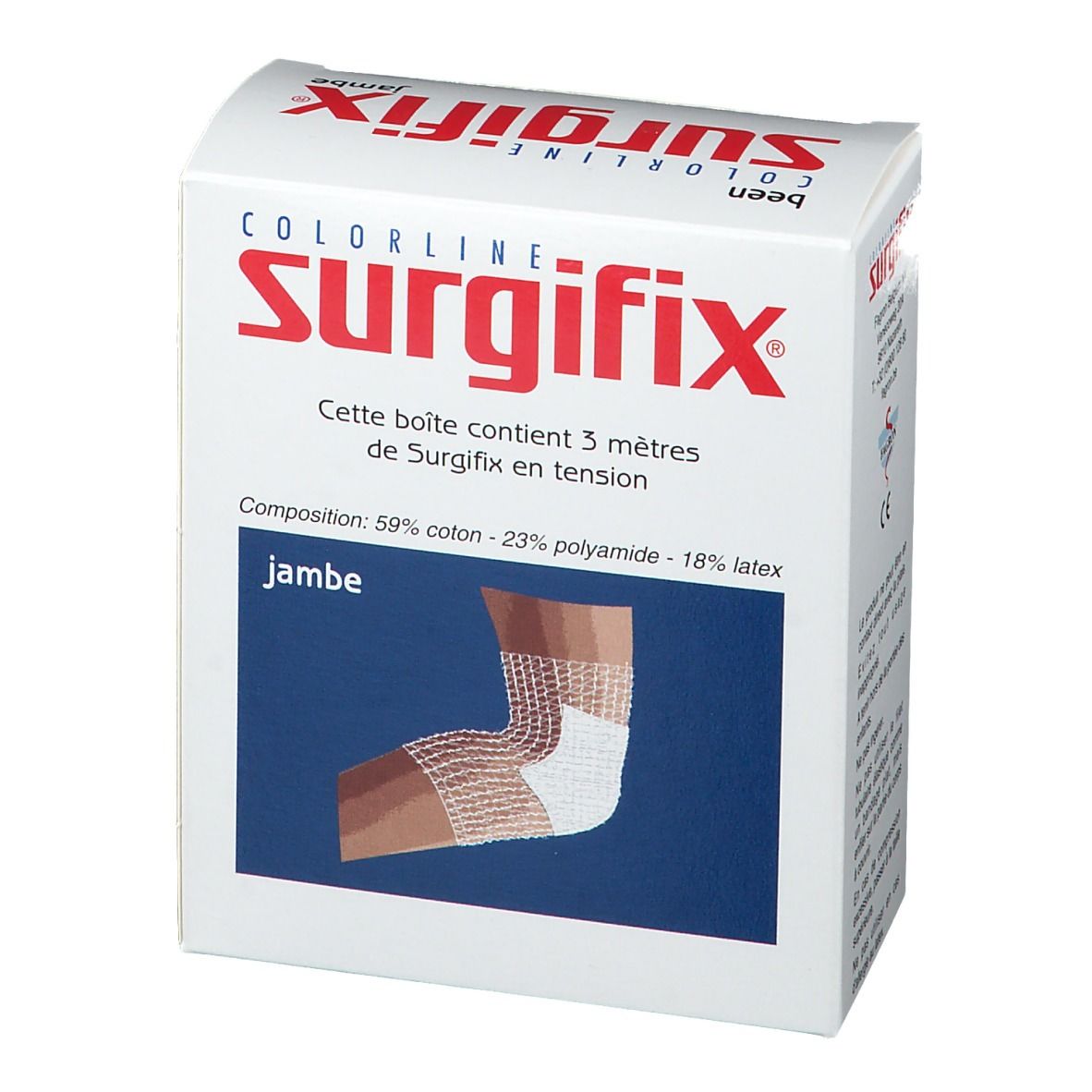Boîte de Surgifix Bein. Contient 3 mètres. Composition: 59% coton, 23% polyamide, 18% latex. Illustration d'une jambe avec bandage.
