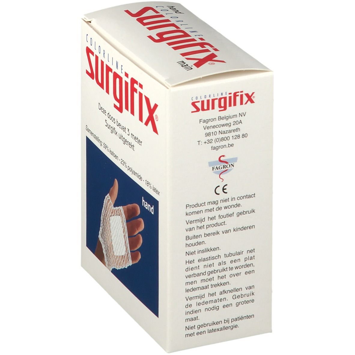 Boîte de Surgifix Hand. Inscription : Colorline Surgifix, main. L'emballage est légèrement incliné.
