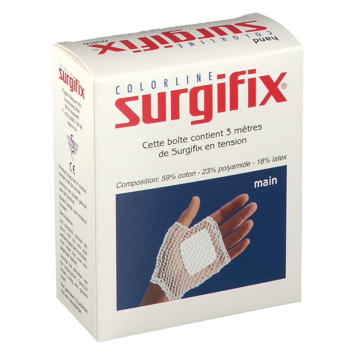Boîte de Surgifix Hand. Inscription : Colorline Surgifix, main. L'emballage montre une main avec un bandage en filet.