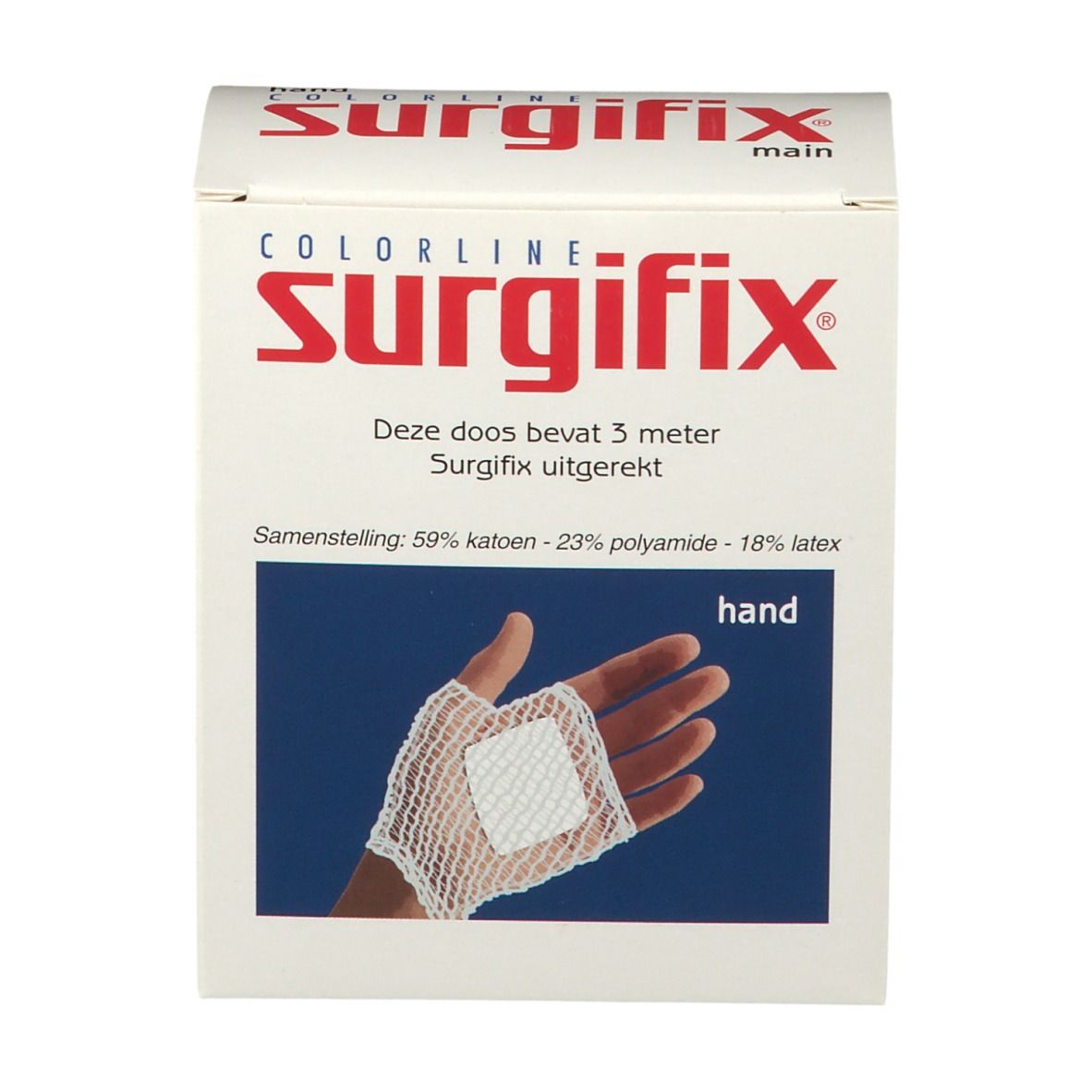 Boîte de Surgifix Hand. Inscription : Colorline Surgifix, main. L'emballage montre une main avec un bandage en filet.