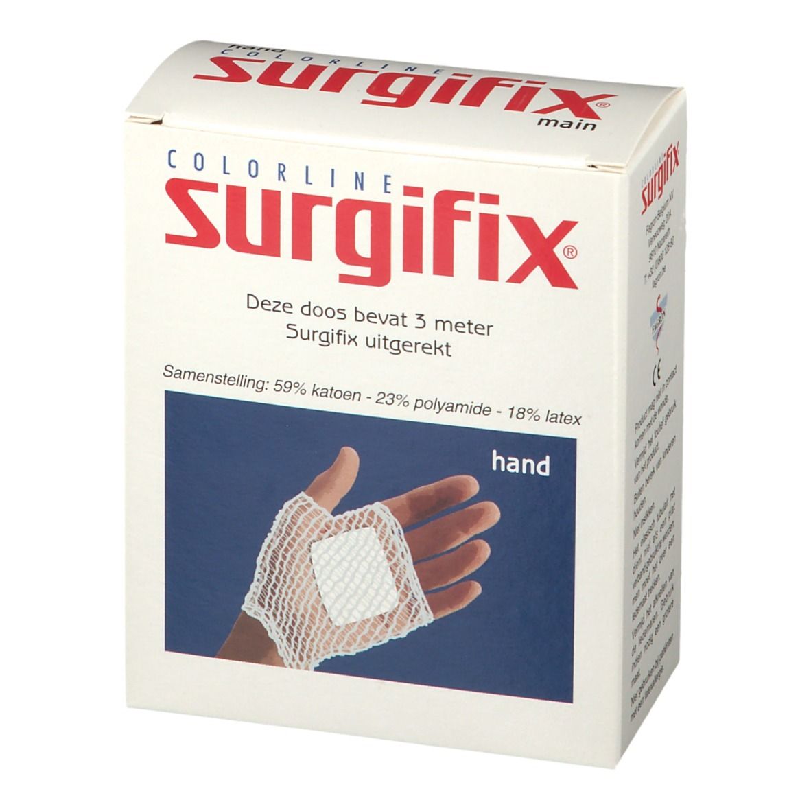 Boîte de Surgifix Hand. Inscription : Colorline Surgifix, main. L'emballage montre une main avec un bandage en filet.