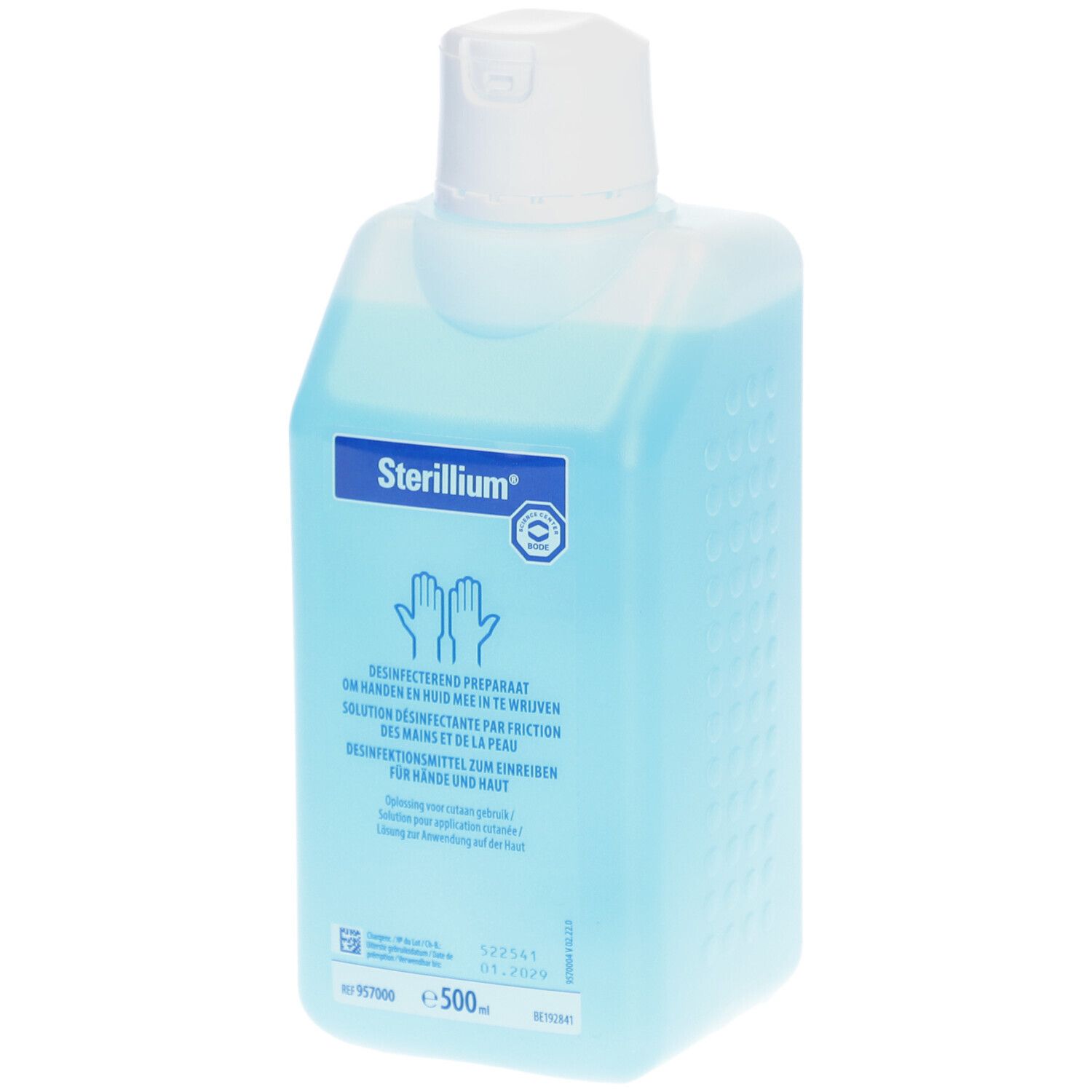 Fles Sterillium handdesinfectiemiddel. Blauwe vloeistof. Witte dop.