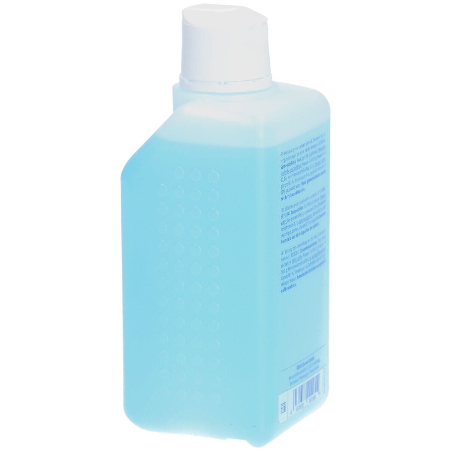 Fles Sterillium, schuine hoek. Witte dop.