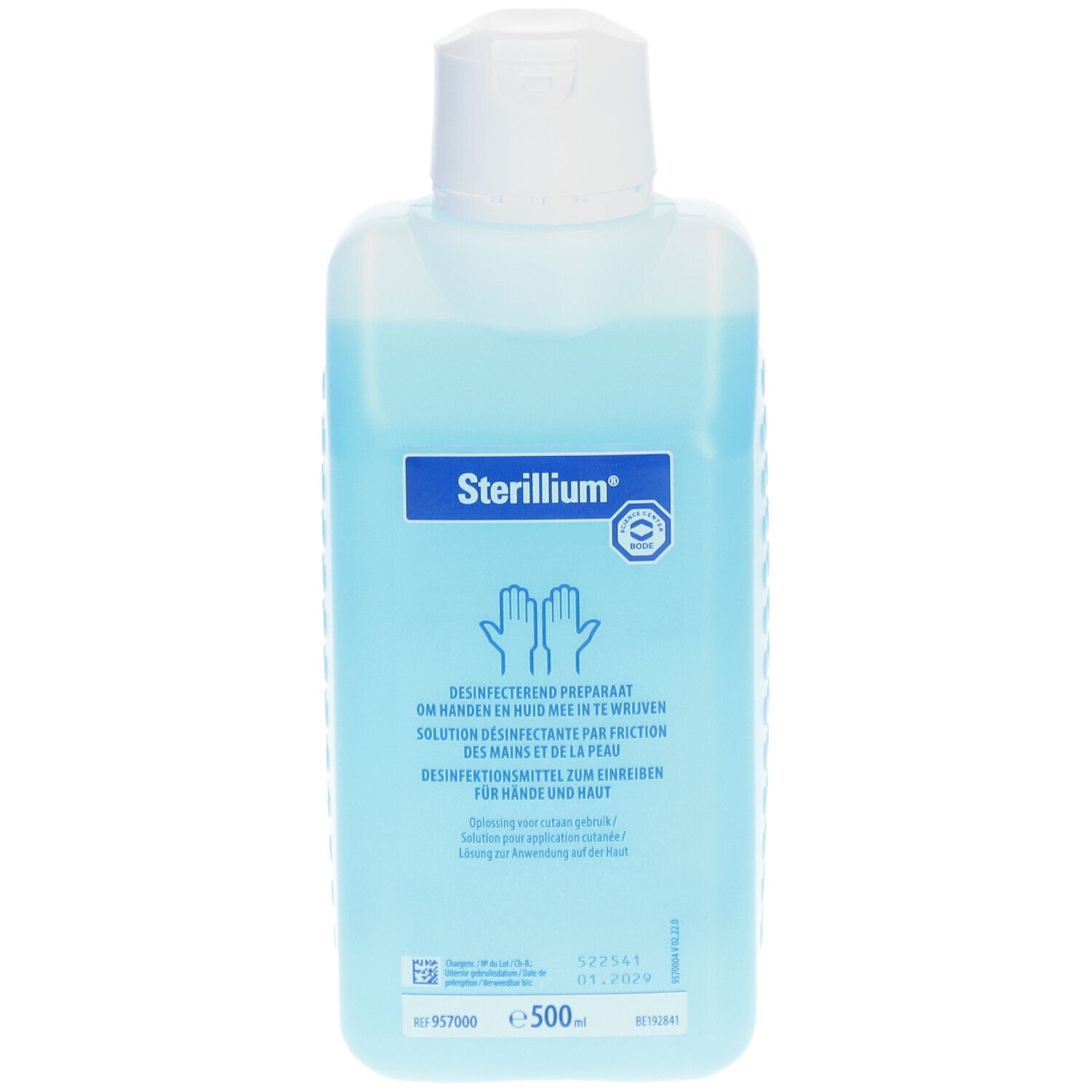 Fles Sterillium handdesinfectiemiddel. Witte dop.