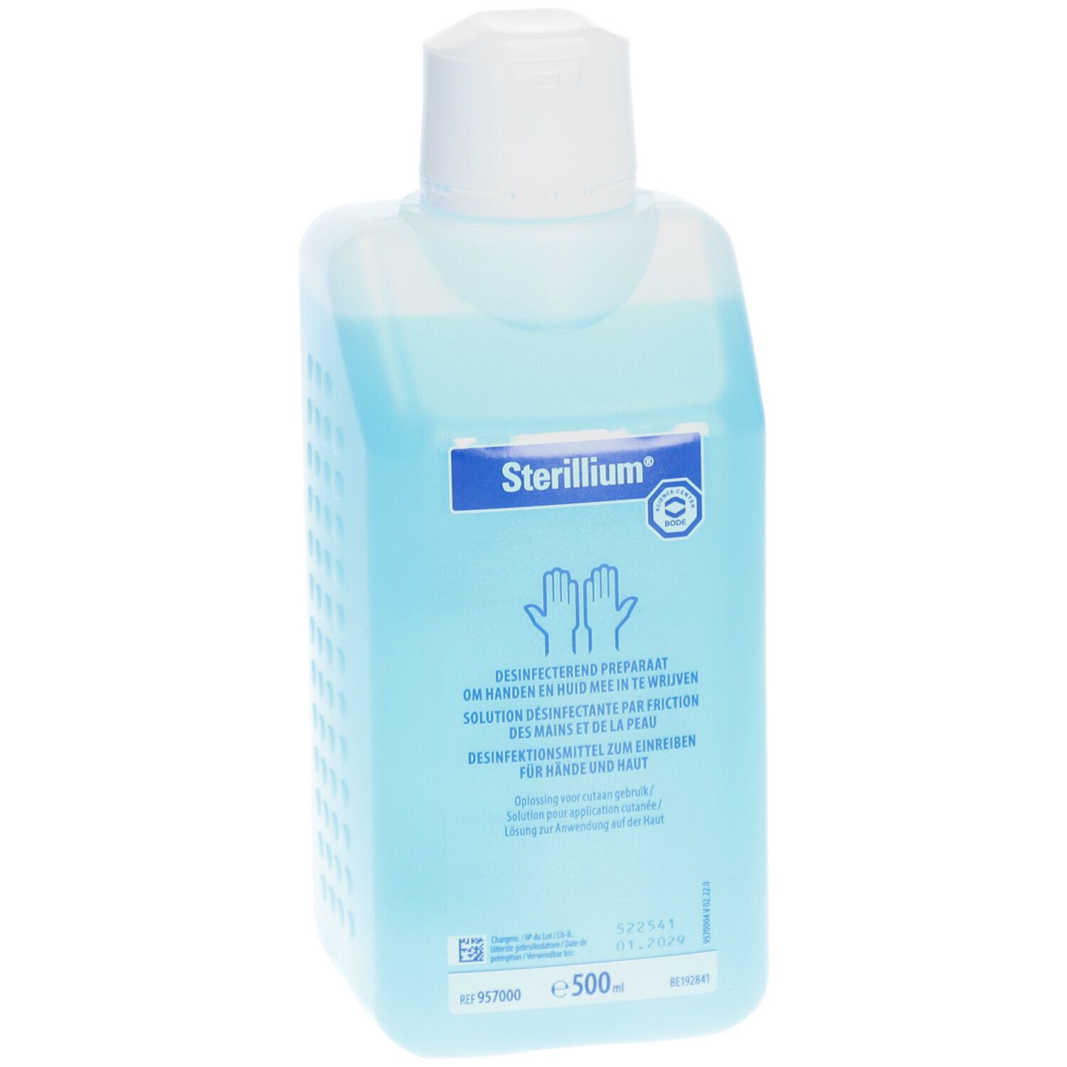 Fles Sterillium handdesinfectiemiddel. Witte dop.