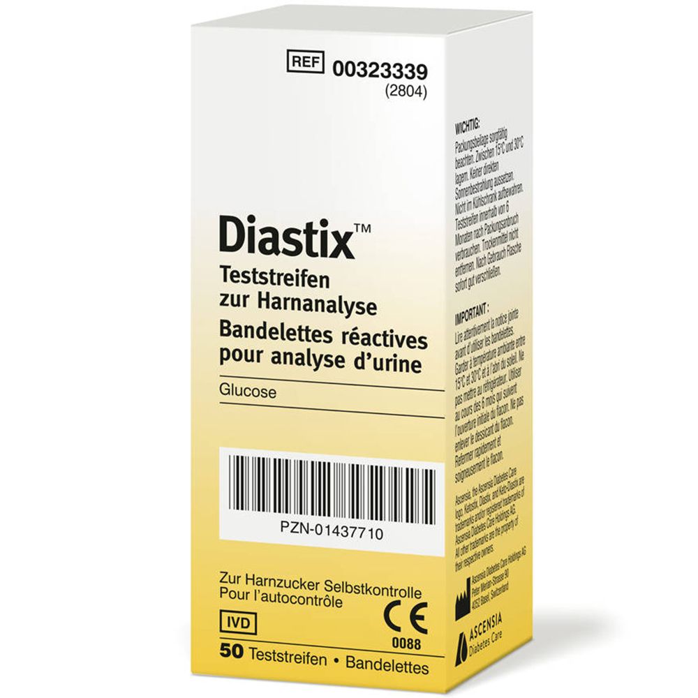 Boîte de bandelettes réactives Diastix pour analyse d'urine. 50 bandelettes. Marquage CE.