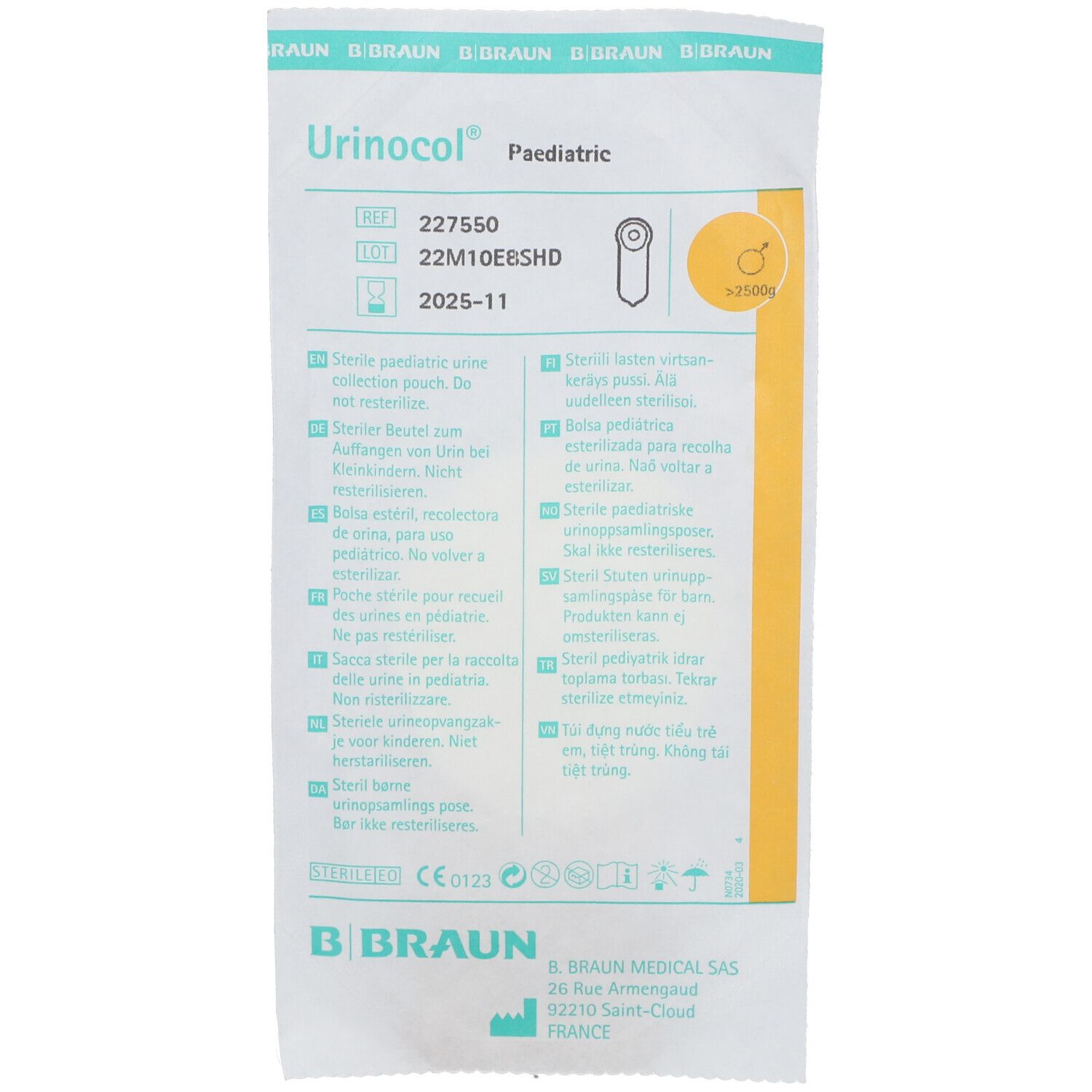 Emballage avec nom 'Urinocol' et texte. Logo 'B. Braun' visible.