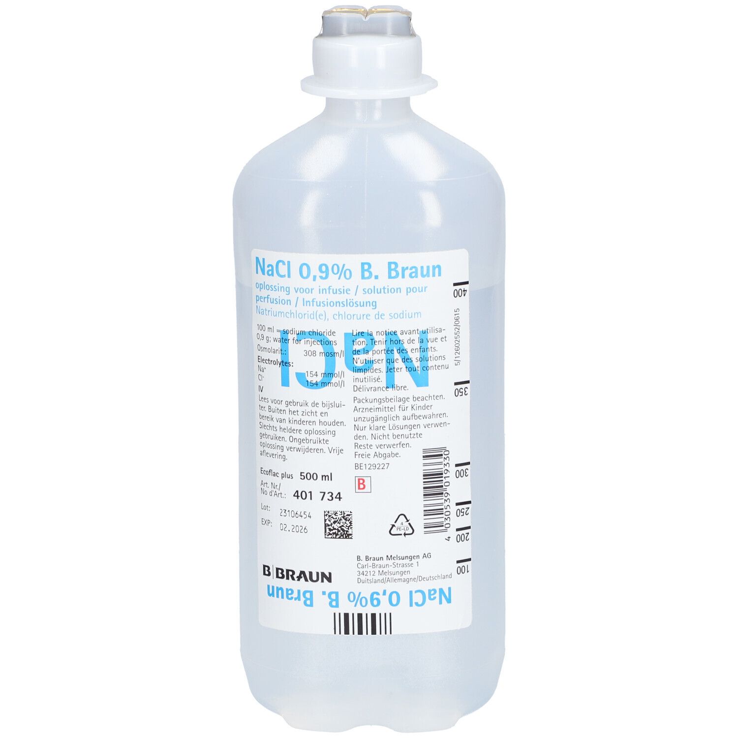 Flacon de perfusion NaCl 0,9% B. Braun. Liquide clair dans une bouteille en plastique avec bouchon blanc. Étiquetage.