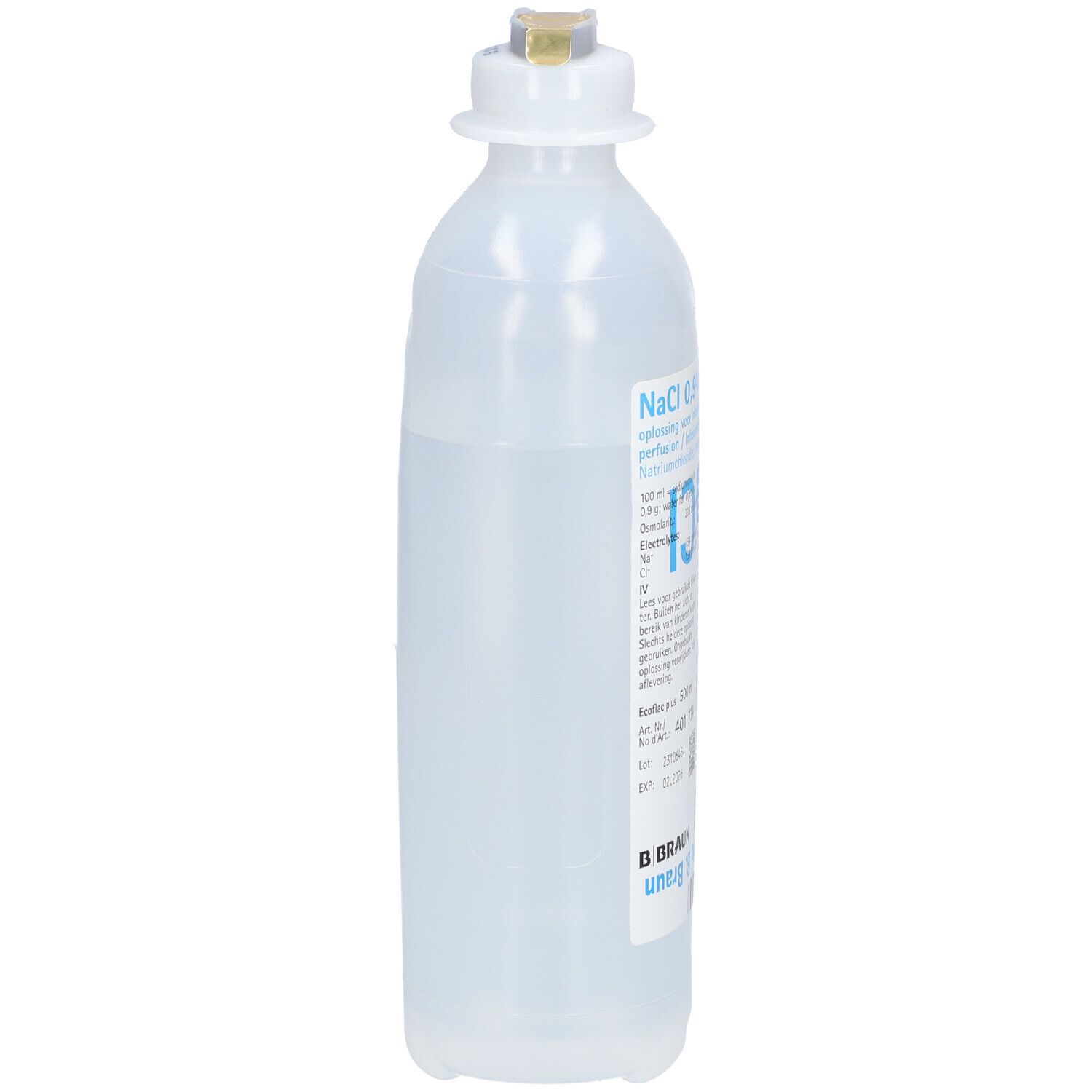 Flacon de perfusion NaCl 0,9% B. Braun. Liquide transparent dans une bouteille en plastique avec bouchon blanc. Vue latérale.