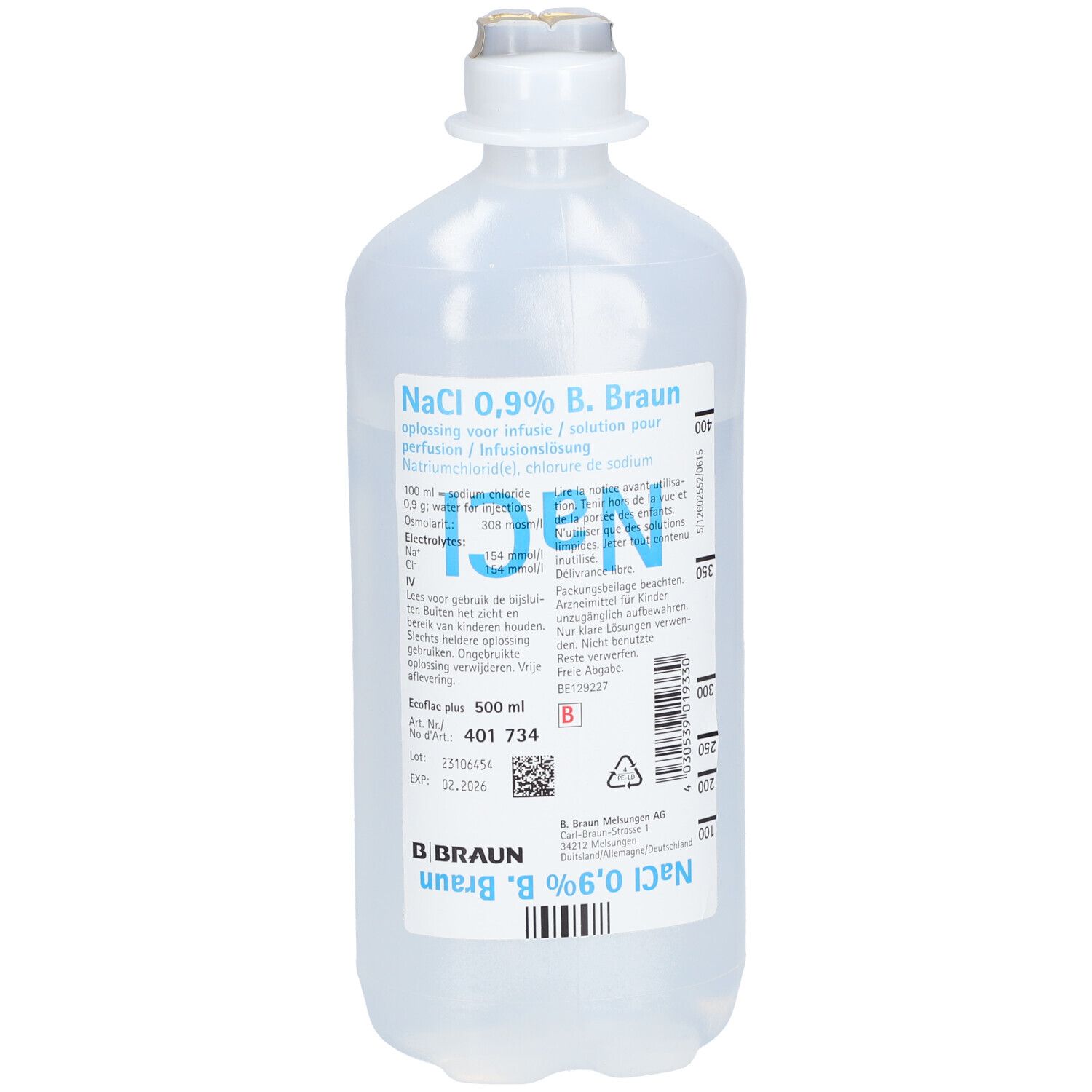 Flacon de perfusion NaCl 0,9% B. Braun. Liquide clair dans une bouteille en plastique avec bouchon blanc. Étiquette avec informations.