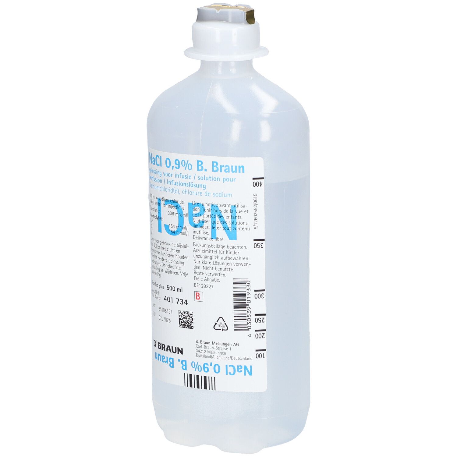 Flacon de perfusion NaCl 0,9% B. Braun. Liquide clair dans une bouteille en plastique avec bouchon blanc. Étiquette avec informations.