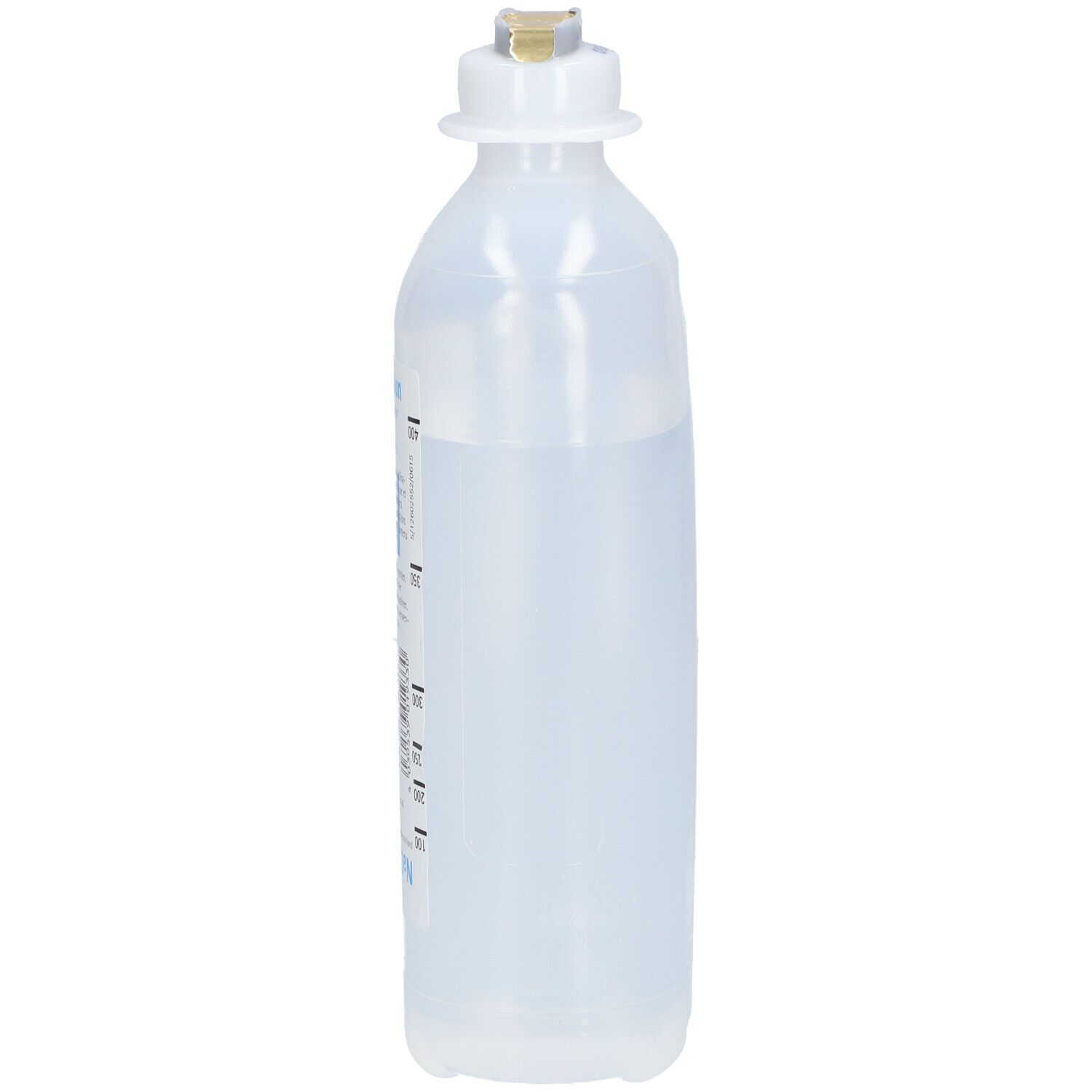 Flacon de perfusion NaCl 0,9% B. Braun. Liquide transparent dans une bouteille en plastique avec bouchon blanc. Vue latérale.