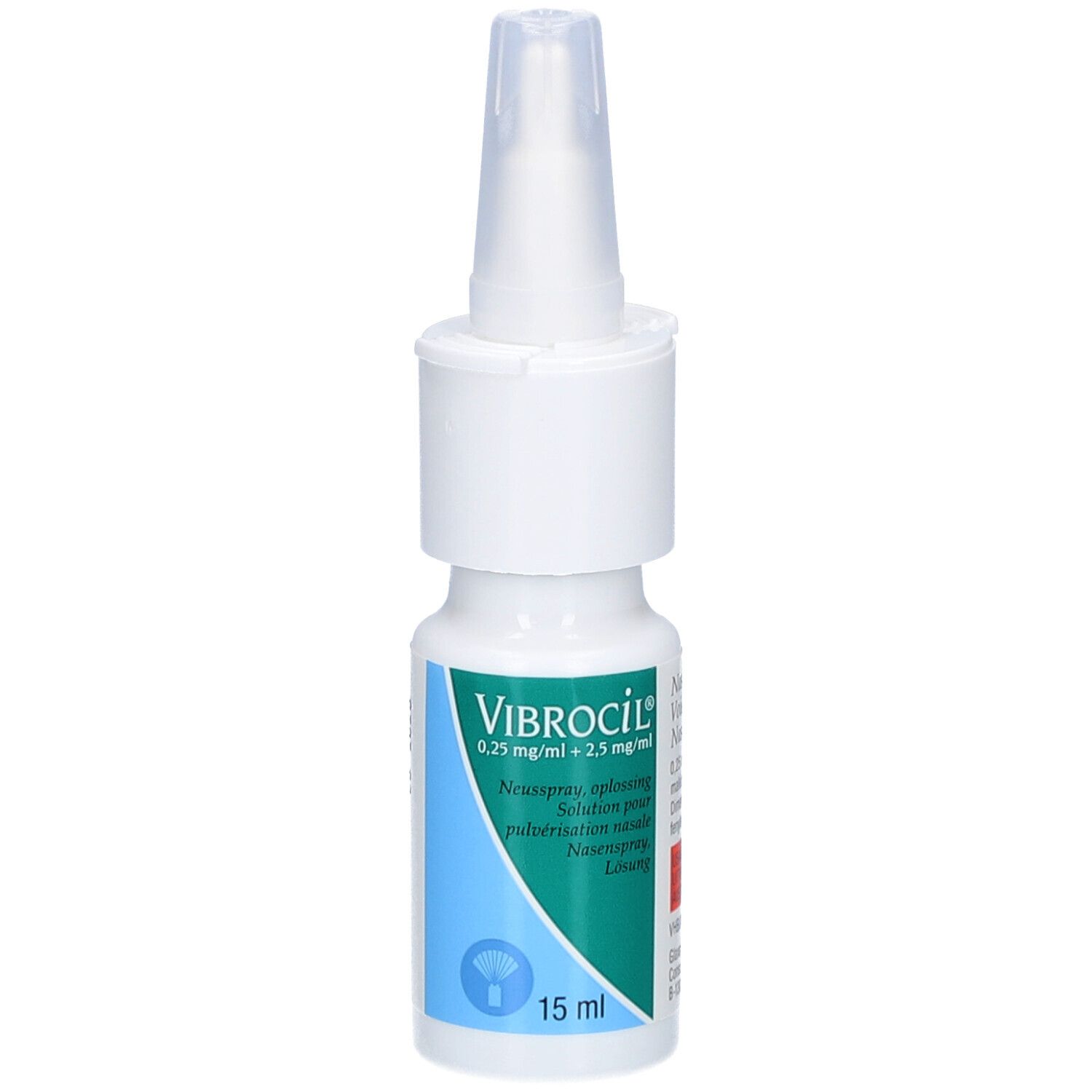 Witte neussprayfles met blauw etiket. Bevat 15 ml. Opschrift: Vibrocil, 0,25 mg/ml + 2,5 mg/ml.