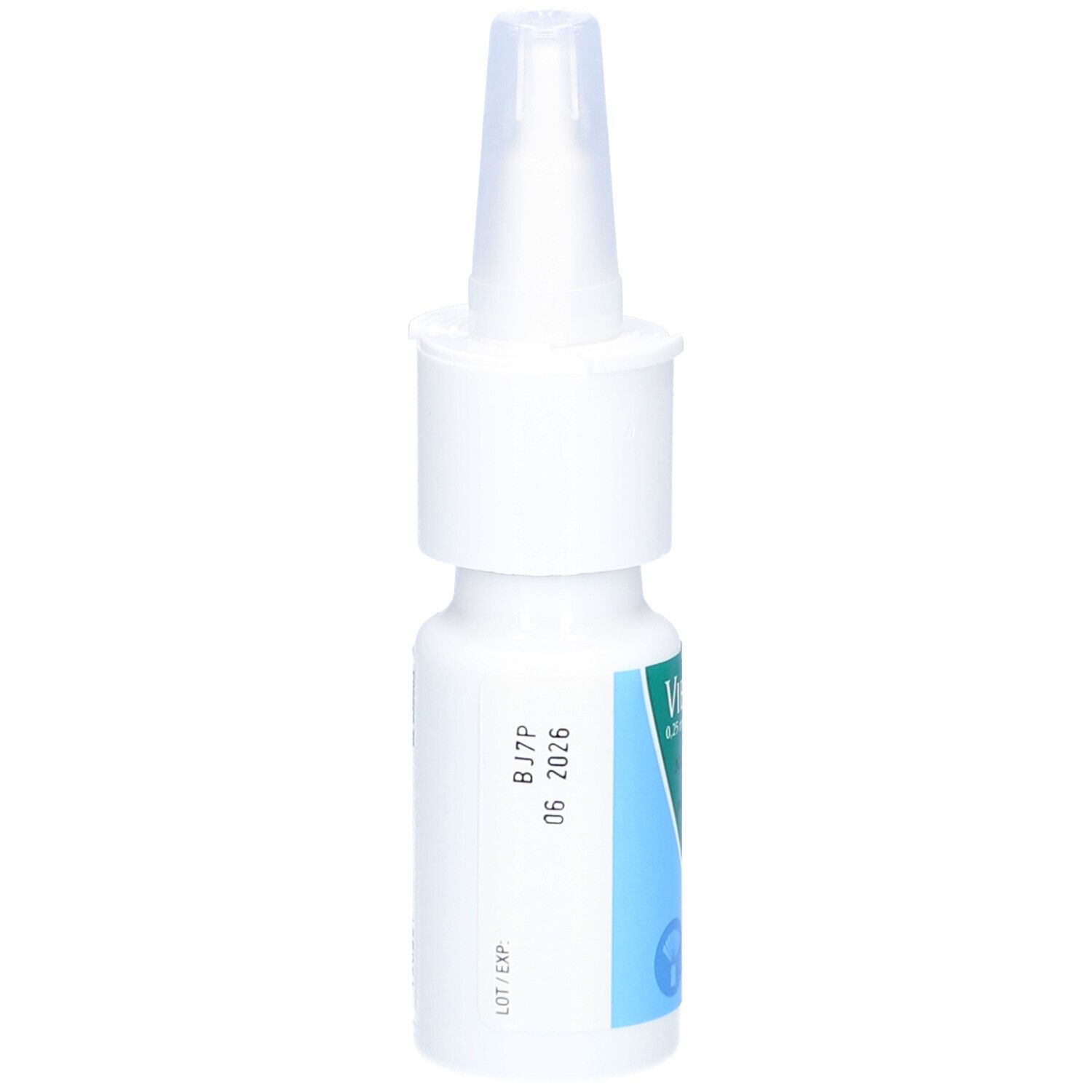 Witte neussprayfles. Opschrift: Vibrocil. Bevat 15 ml. Vervaldatum: 12 2026.