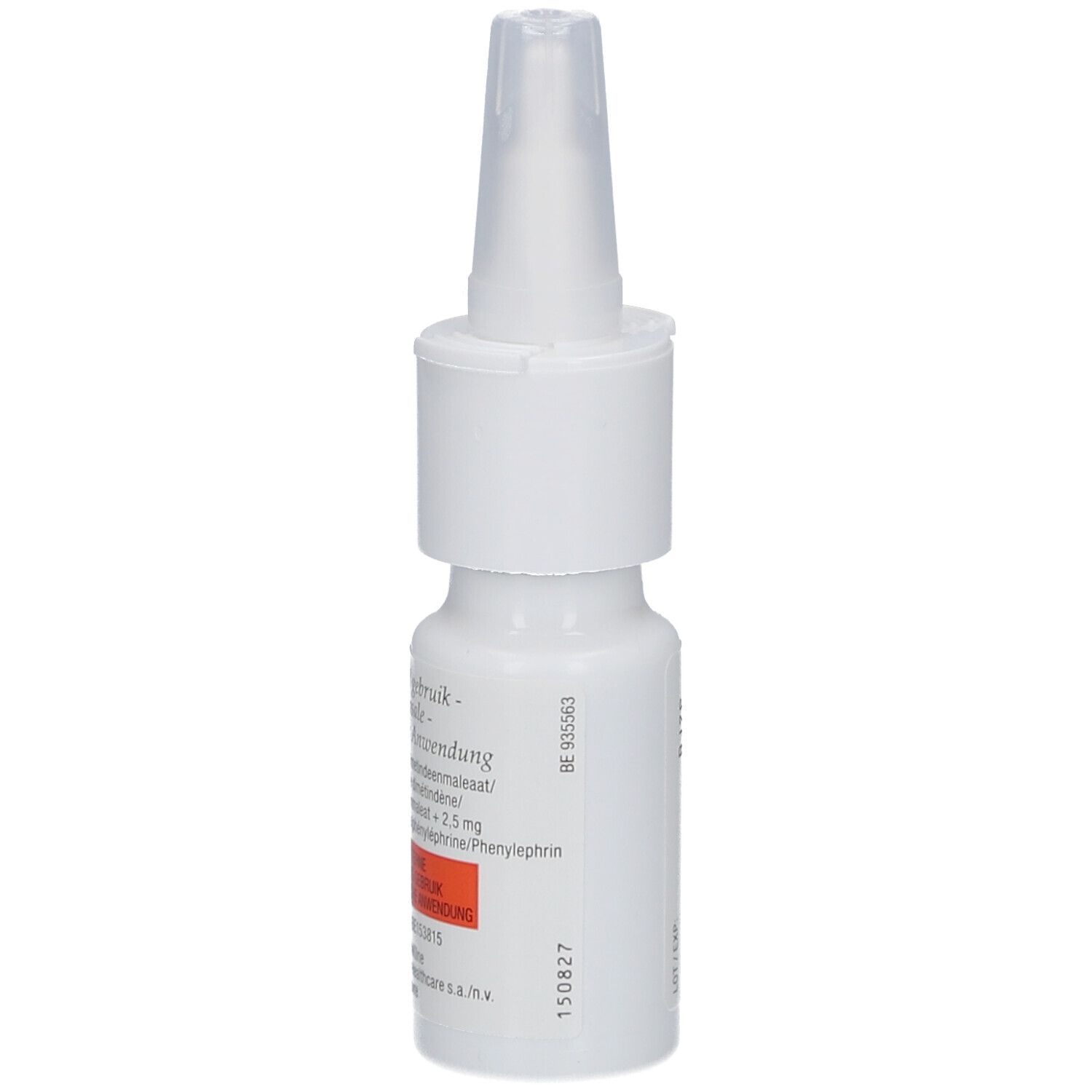 Witte neussprayfles. Opschrift: Vibrocil. Bevat 15 ml. Gedrukte informatie en lotnummer.