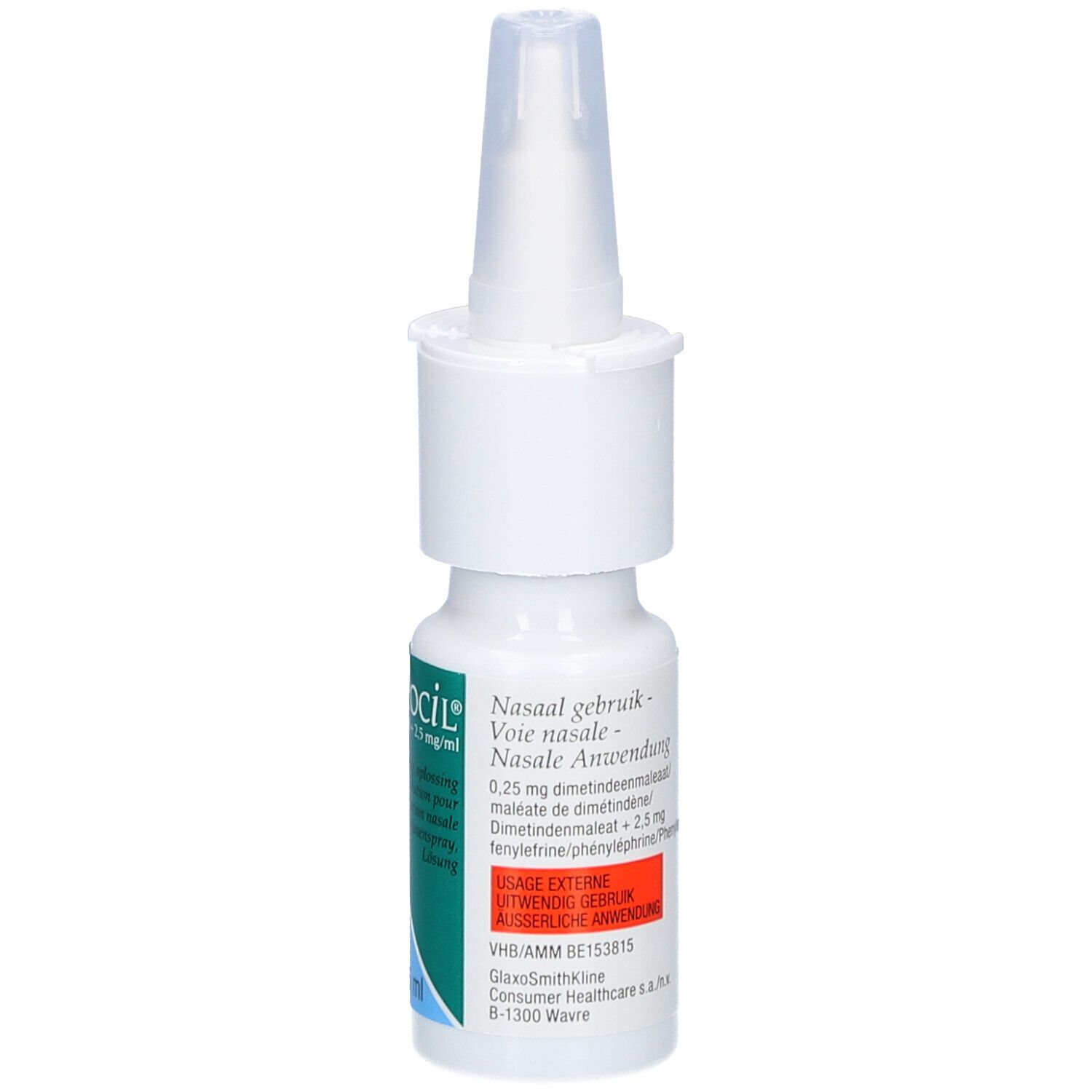 Witte neussprayfles. Opschrift: Vibrocil. Bevat 15 ml. Gedrukte informatie en lotnummer.