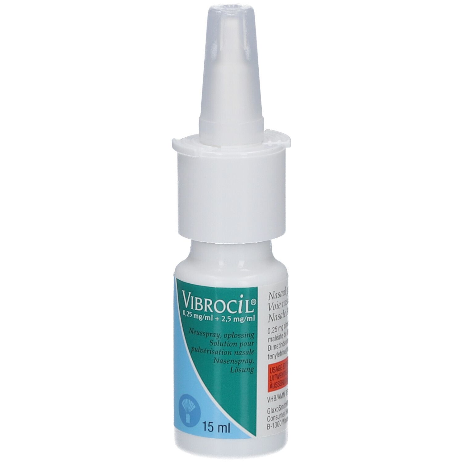 Witte neussprayfles. Opschrift: Vibrocil. Bevat 15 ml. Gedrukte informatie en lotnummer.