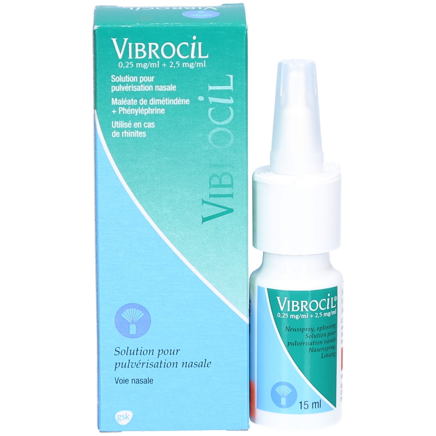 Neussprayfles en doos. Opschrift: Vibrocil. Doos met productinformatie en logo.