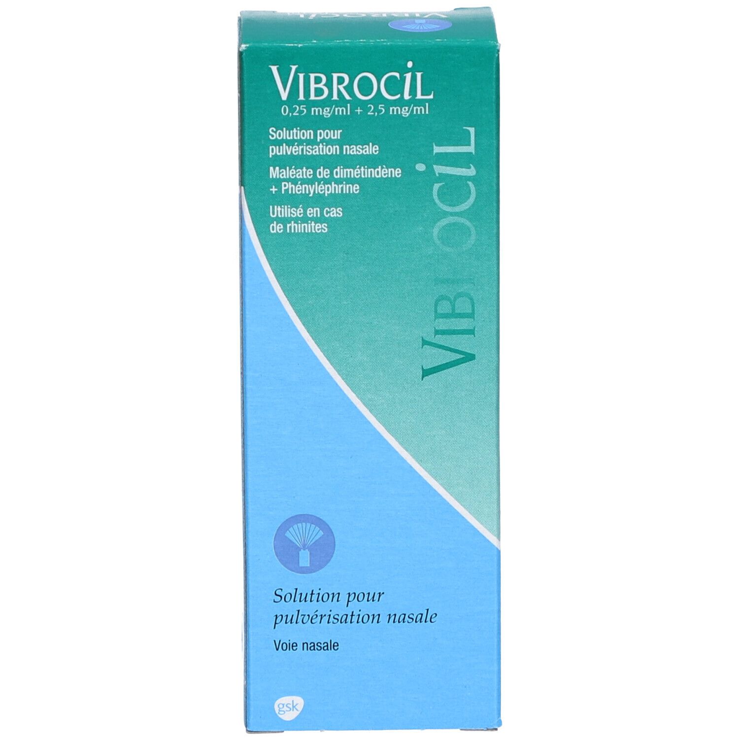 Productverpakking. Opschrift: Vibrocil. Blauwe doos met productinformatie en logo.