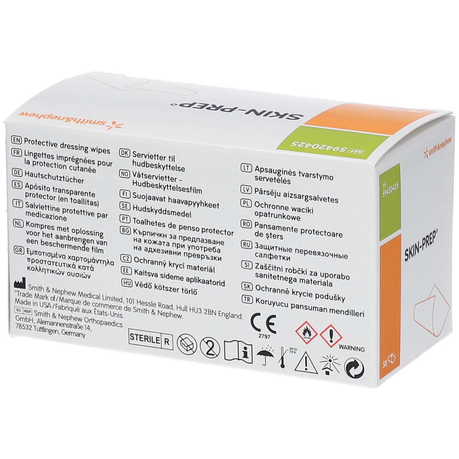 Rückseite der SKIN-PREP Schachtel. Mehrsprachige Texte. Smith & Nephew Logo. Warnsymbole.