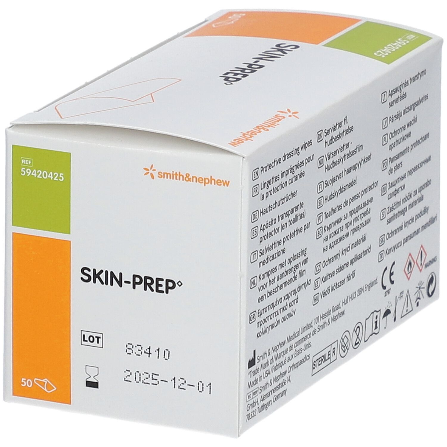 Schachtel mit SKIN-PREP. Marke Smith & Nephew. 50 Tücher. Losnummer und Verfallsdatum.