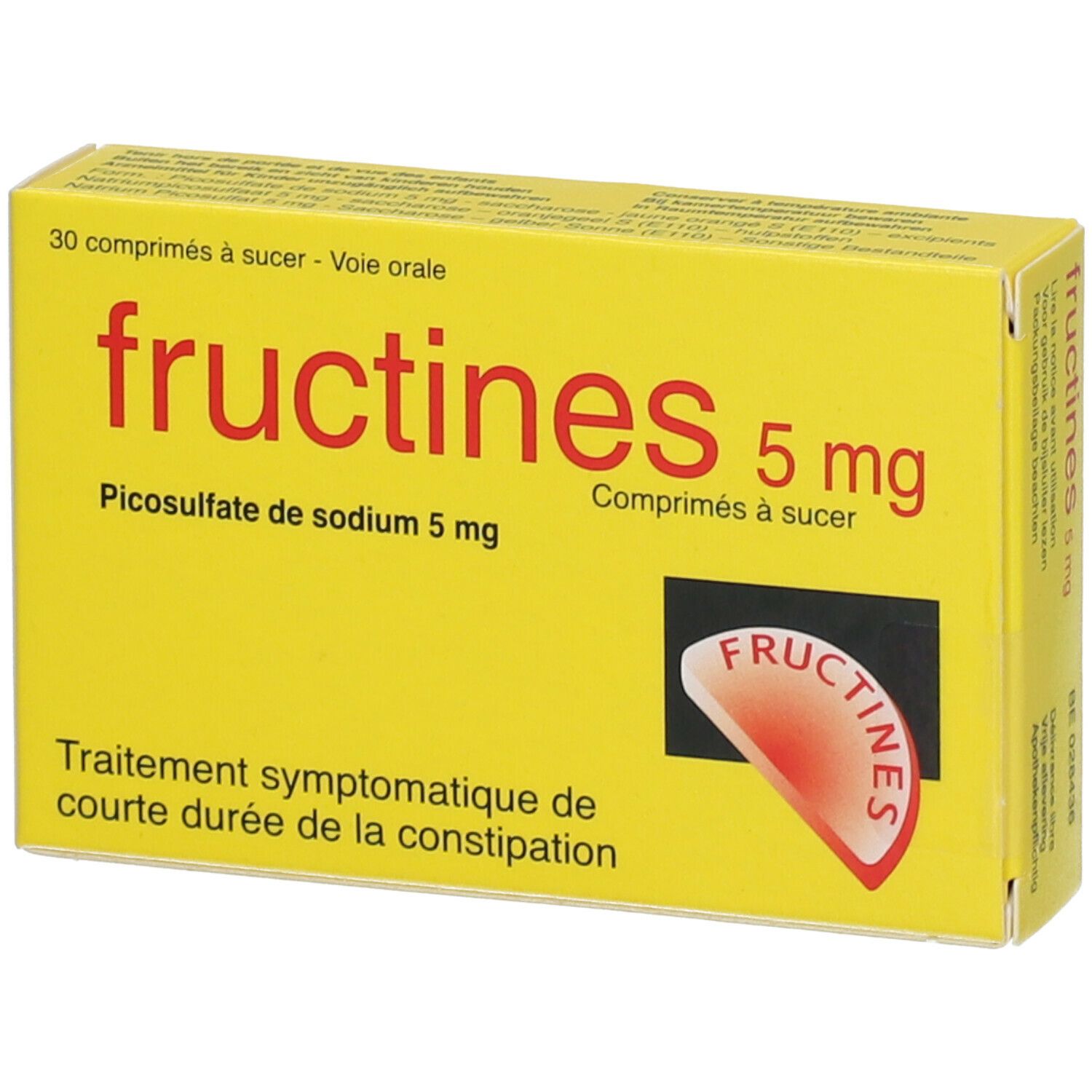 Gele doos met "fructines 5 mg". Bevat 30 tabletten. Rood logo. Tekst: "Picosulfato de sodium 5 mg"."