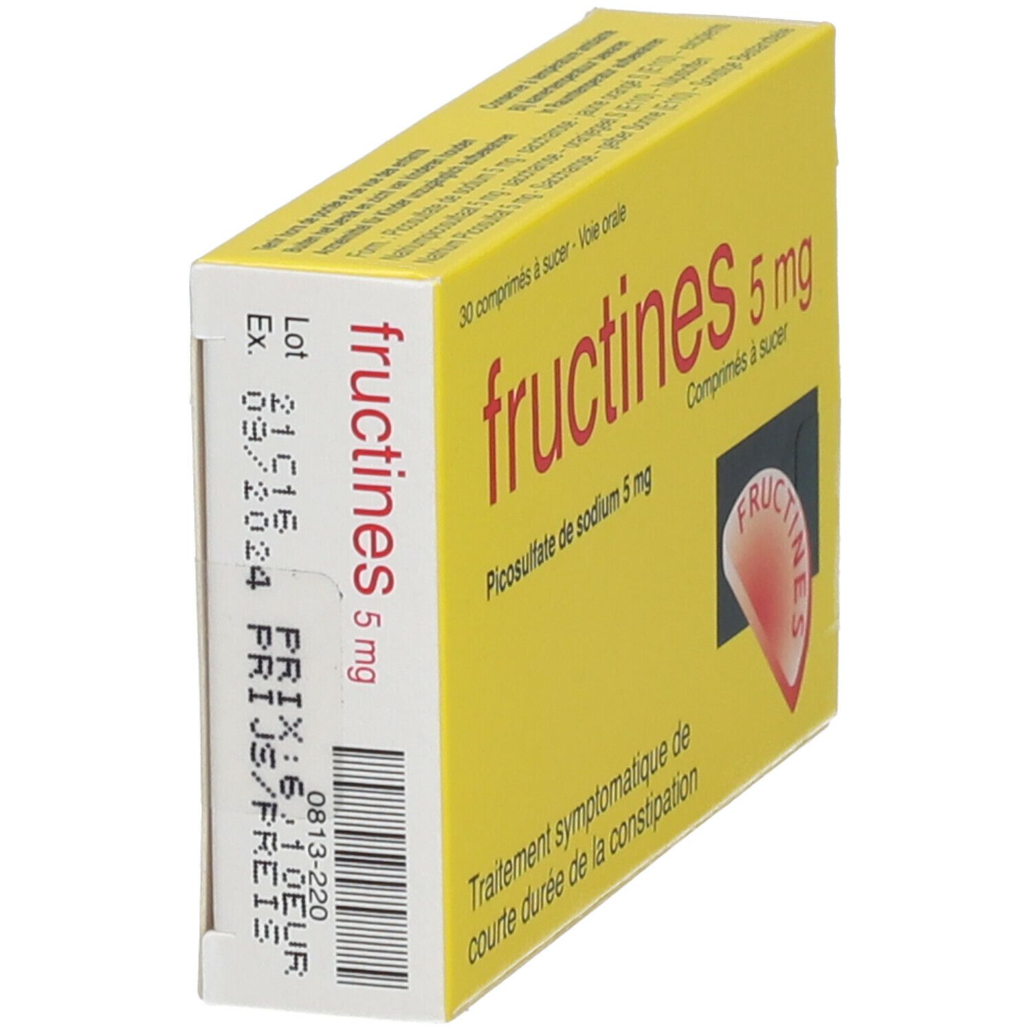 Gele doos, "fructines 5 mg". Zijaanzicht. Tekst: "Picosulfato de sodium 5 mg". Streepjescode en vervaldatum. Rood logo.