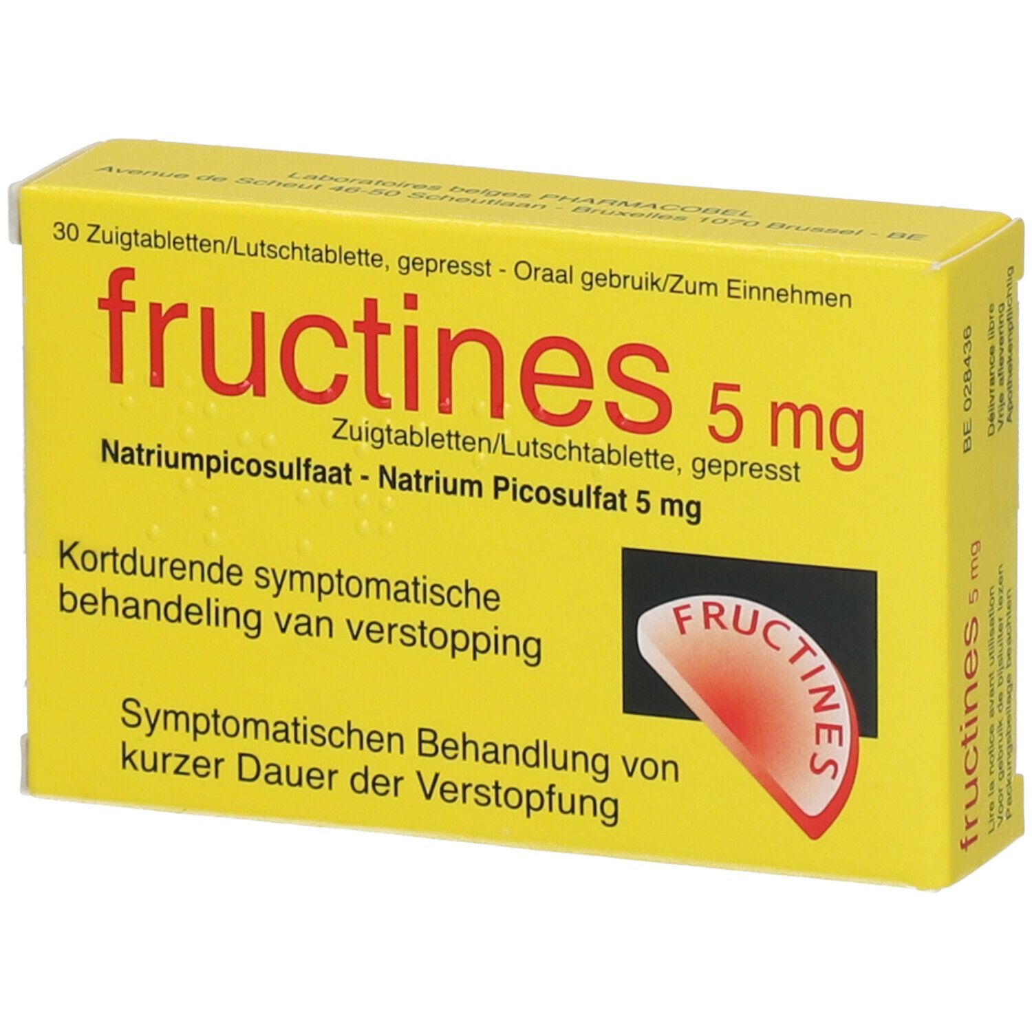 Gele doos, "fructines 5 mg". Bevat 30 tabletten. Tekst: "Natriumpicosulfat 5 mg". Rood logo. Teksten in het Duits en Nederlands.