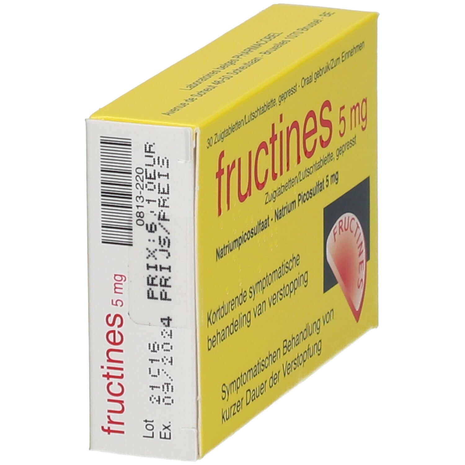 Gele doos, "fructines 5 mg". Zijaanzicht. Tekst: "Natriumpicosulfat 5 mg". Streepjescode en vervaldatum. Rood logo.