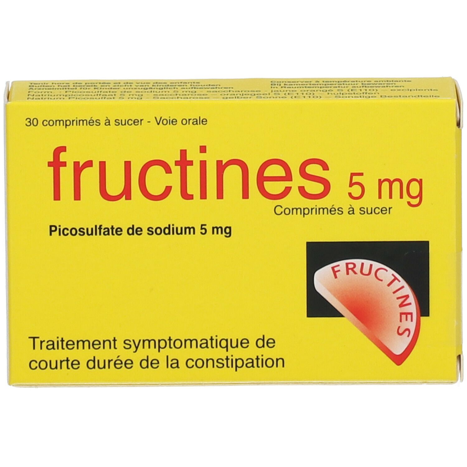 Gele doos met "fructines 5 mg". Bevat 30 tabletten. Rood logo. Tekst: "Picosulfato de sodium 5 mg"."