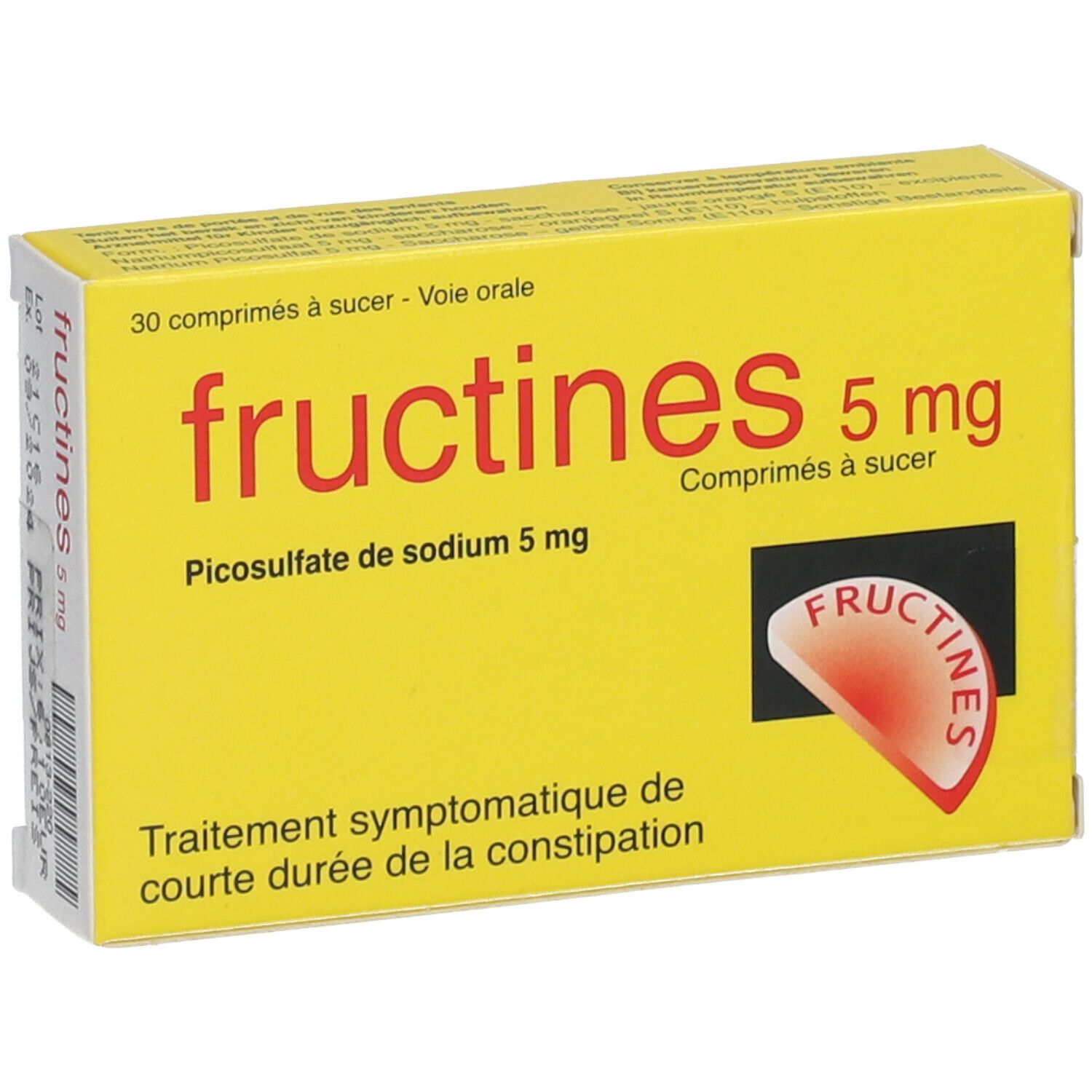 Gele doos met "fructines 5 mg". Bevat 30 tabletten. Rood logo. Tekst: "Picosulfato de sodium 5 mg"."
