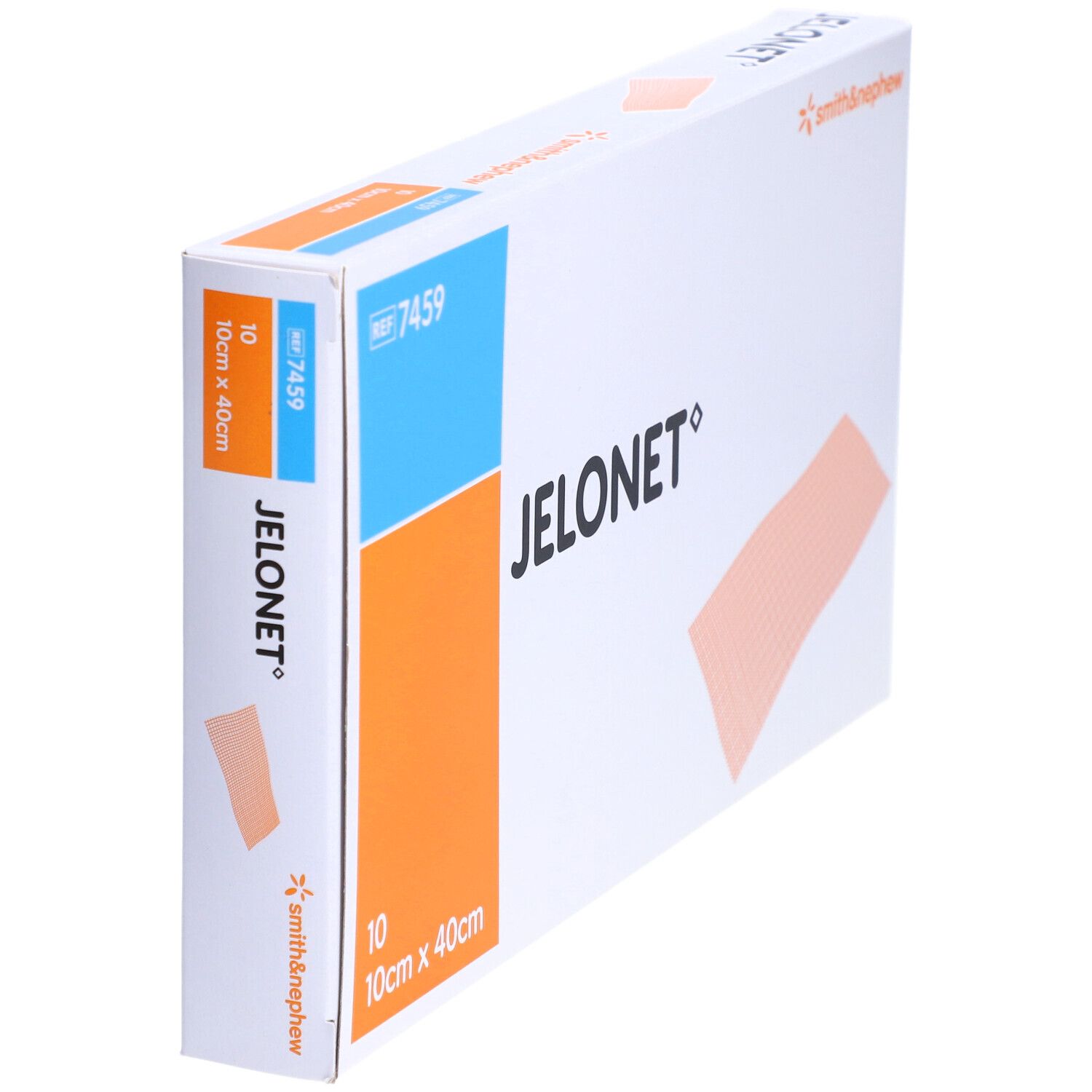 Verpakking van JELONET, 10 x 40 cm. Oranje en blauwe accenten. Smith & Nephew logo.