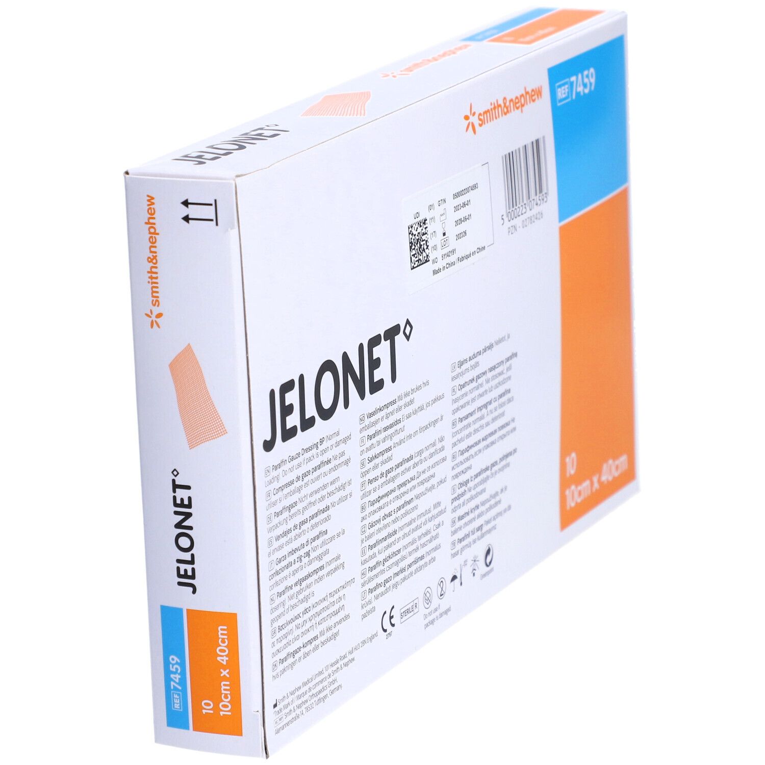 Verpakking van JELONET, 10 x 40 cm. Achterkant met productinfo. Smith & Nephew logo.