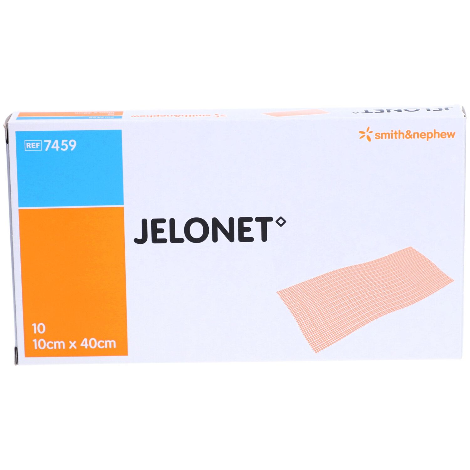 Verpakking van JELONET, 10 x 40 cm. Oranje rasterpatroon. Smith & Nephew logo.