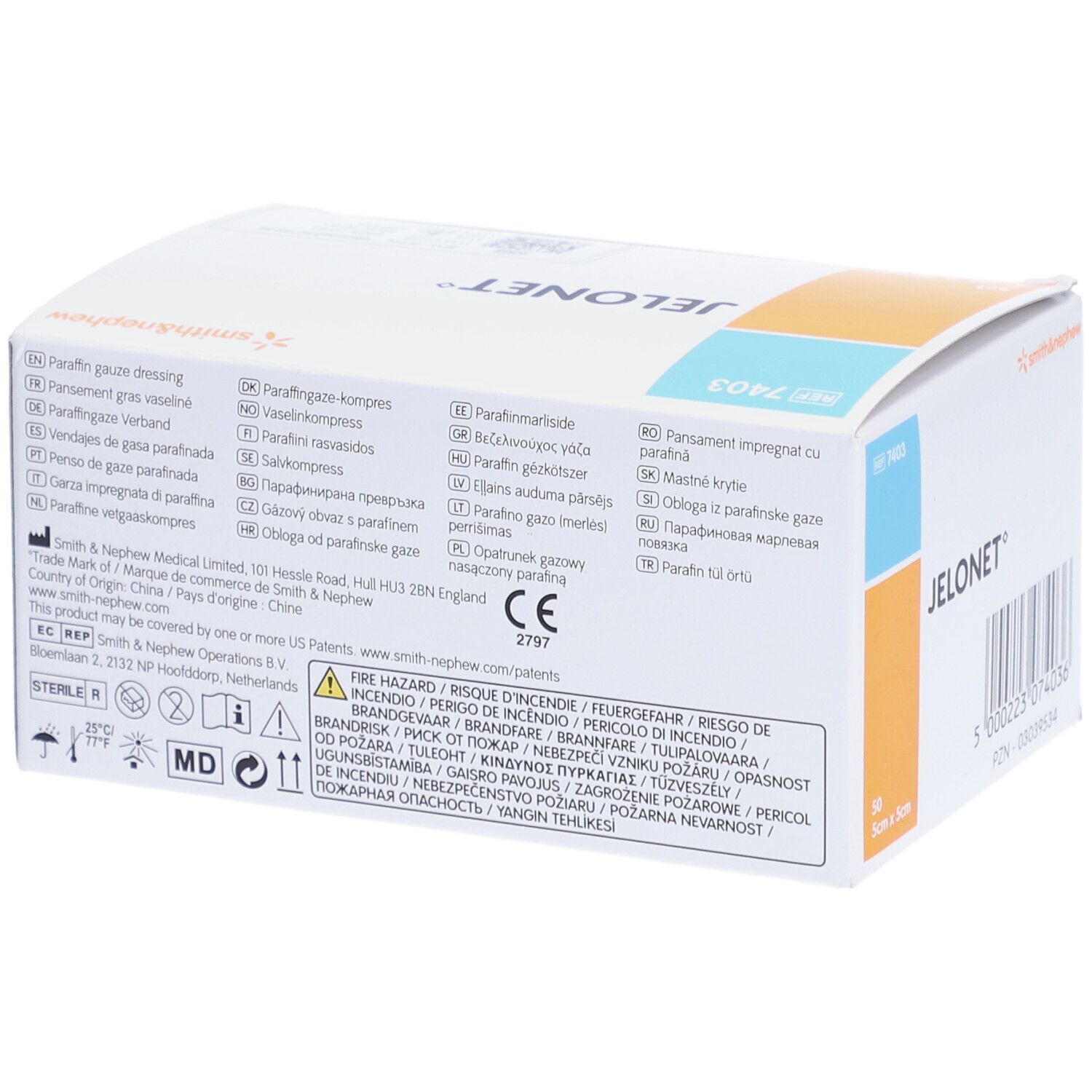 Dos de la boîte JELONET. Informations produit multilingues et symboles de sécurité.