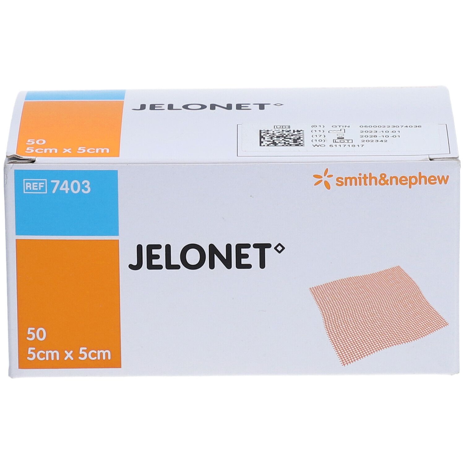 Boîte de Smith & Nephew JELONET. Nom, logo et contenu de l'emballage visibles.