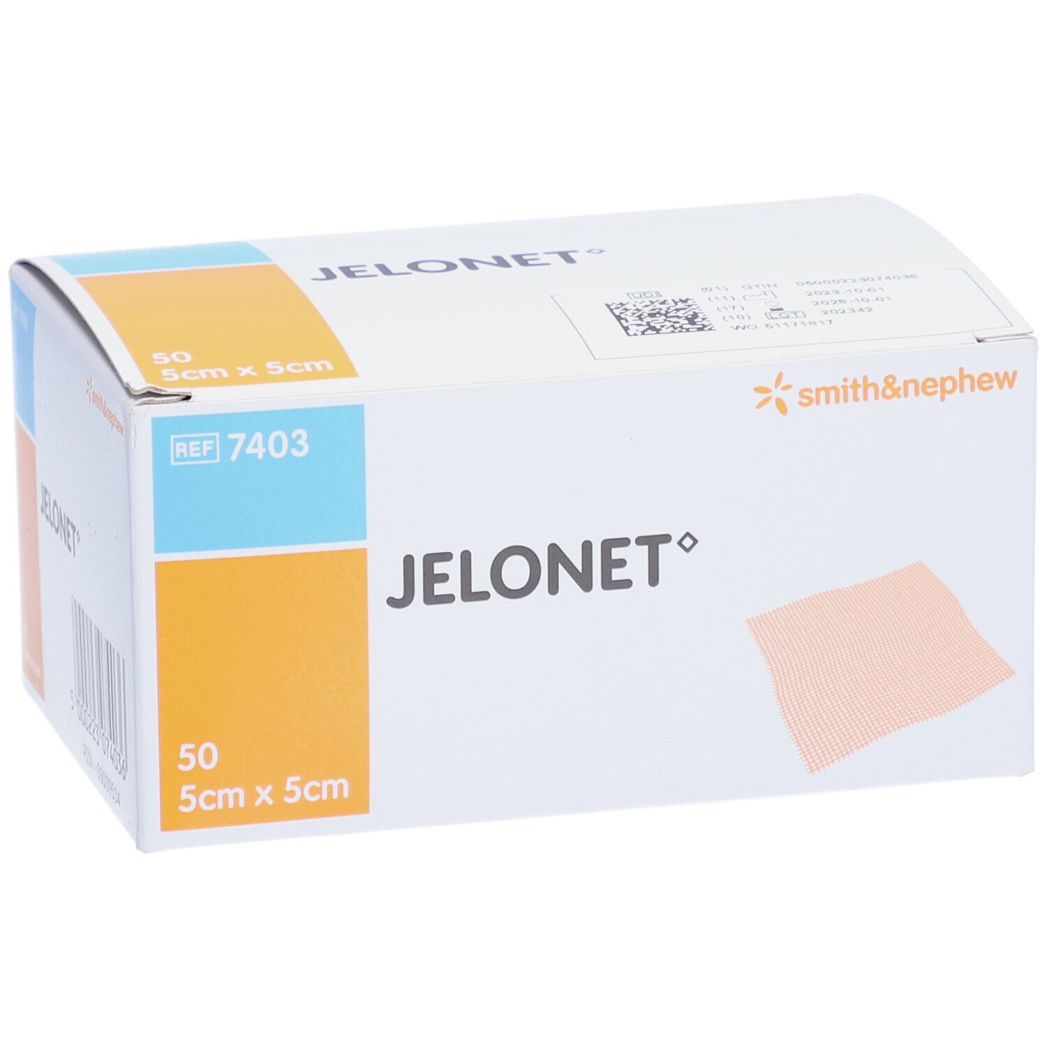 Boîte de Smith & Nephew JELONET. Nom, logo et contenu de l'emballage visibles.