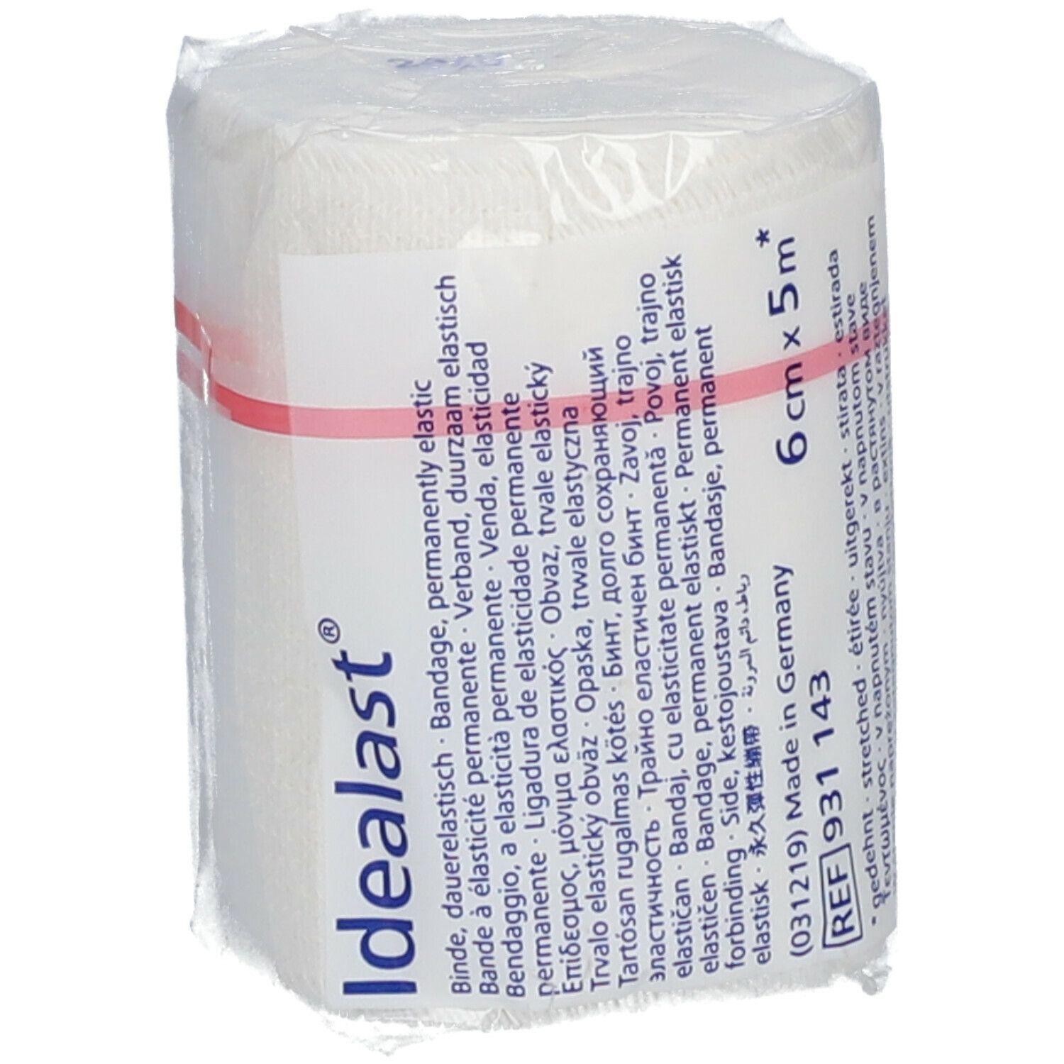 Bande élastique Idealast, 6 cm x 5 m, blanche. Emballée dans du film plastique. Inscriptions: Idealast, REF 931 143, 6 cm x 5 m.