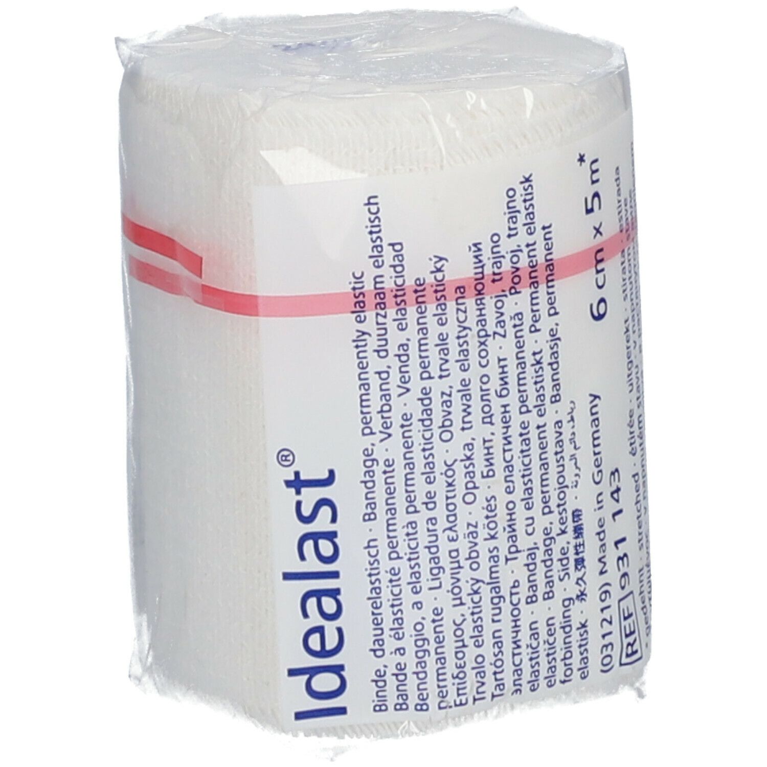 Bande élastique Idealast, 6 cm x 5 m, blanche. Emballée dans du film plastique. Inscriptions: Idealast, REF 931 143, 6 cm x 5 m.