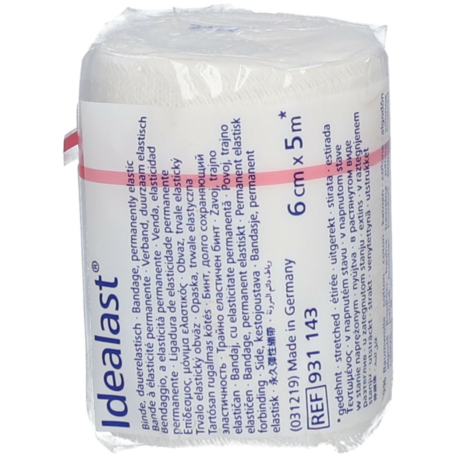 Bande élastique Idealast, 6 cm x 5 m, blanche. Emballée dans du film plastique. Inscriptions: Idealast, REF 931 143, 6 cm x 5 m.