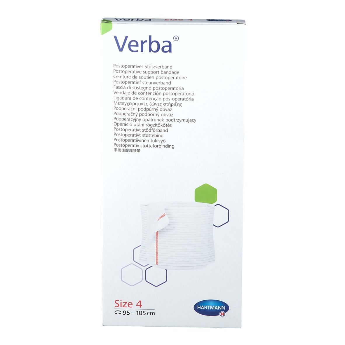 Verba, bandage de soutien postopératoire, taille 4. Emballage avec image du produit et logo Hartmann. Taille: 95-105 cm.