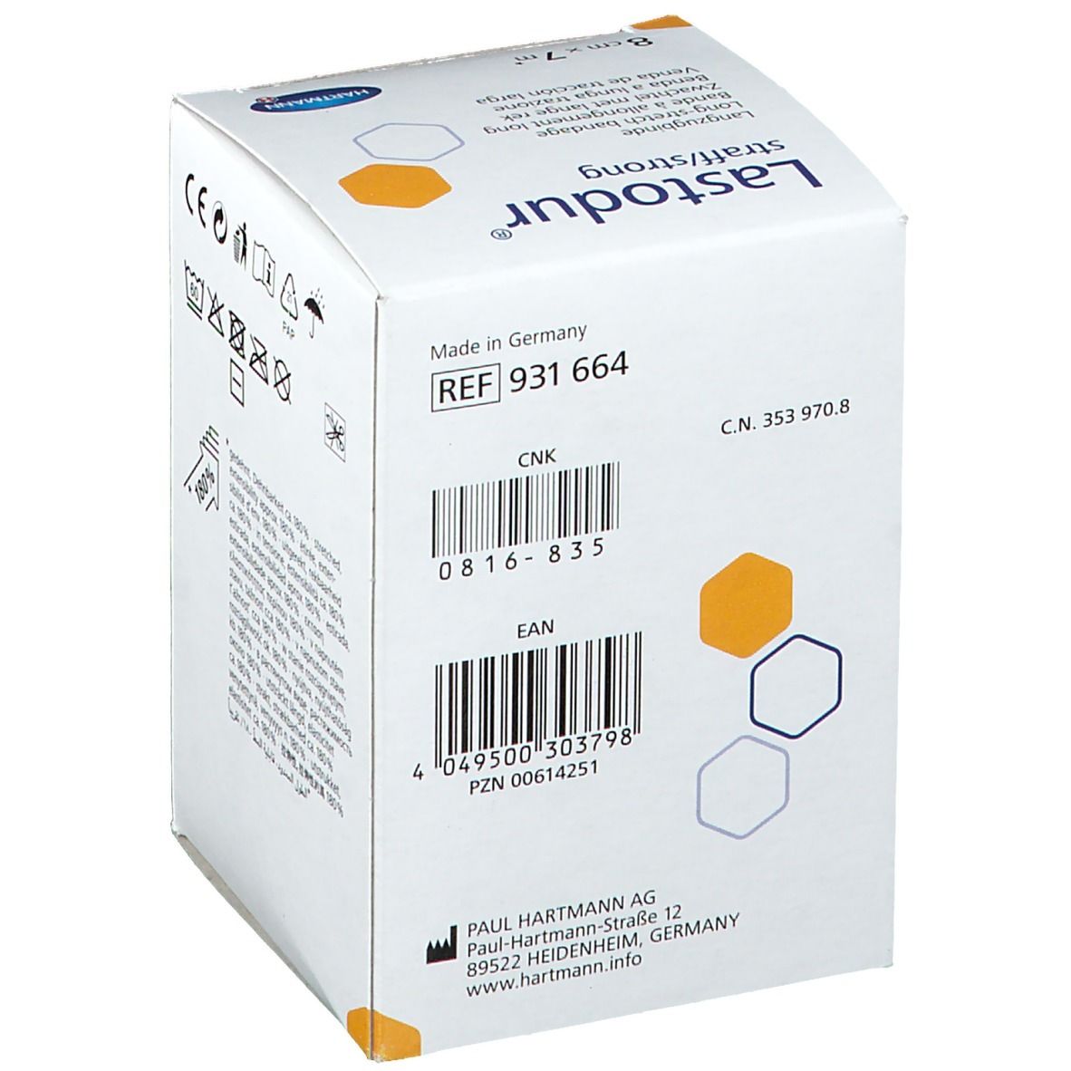 Achterkant van de verpakking van Lastodur straff/strong. Opschriften: REF-nummer, EAN-code, adres fabrikant, barcode.